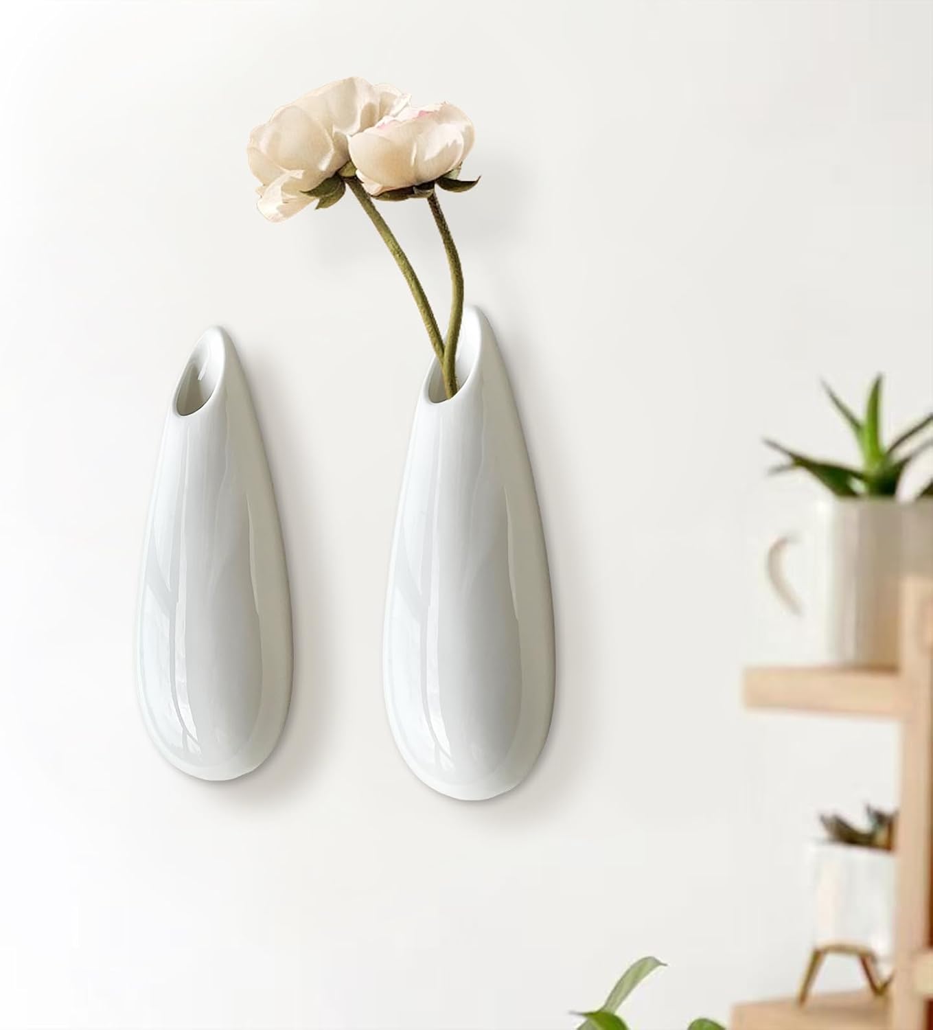 2 Pack White Ceramic Wall Vases,7.9 Inch Wall Hanging Plant Holder,Cubicle Modern Decor Plant Holder Vase for Indoor Plants, Hanging Propagation Flower Pots for Air Vases
