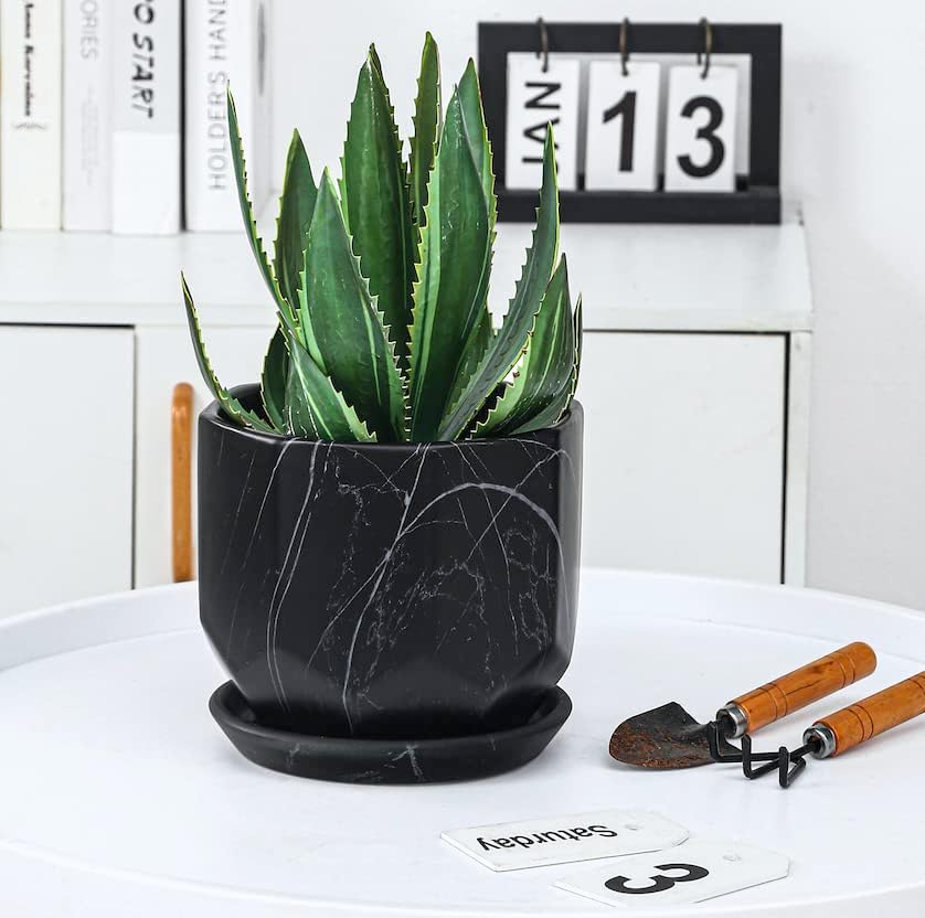 Large Marble Black Plant Pot with Drainage Holes and Saucers, Ceramic Pots for Indoor Outdoor Plants, 7 Inch Premium Hand Glazed Planters for Flower, Garden, Succulent, Nursery, Home Decor