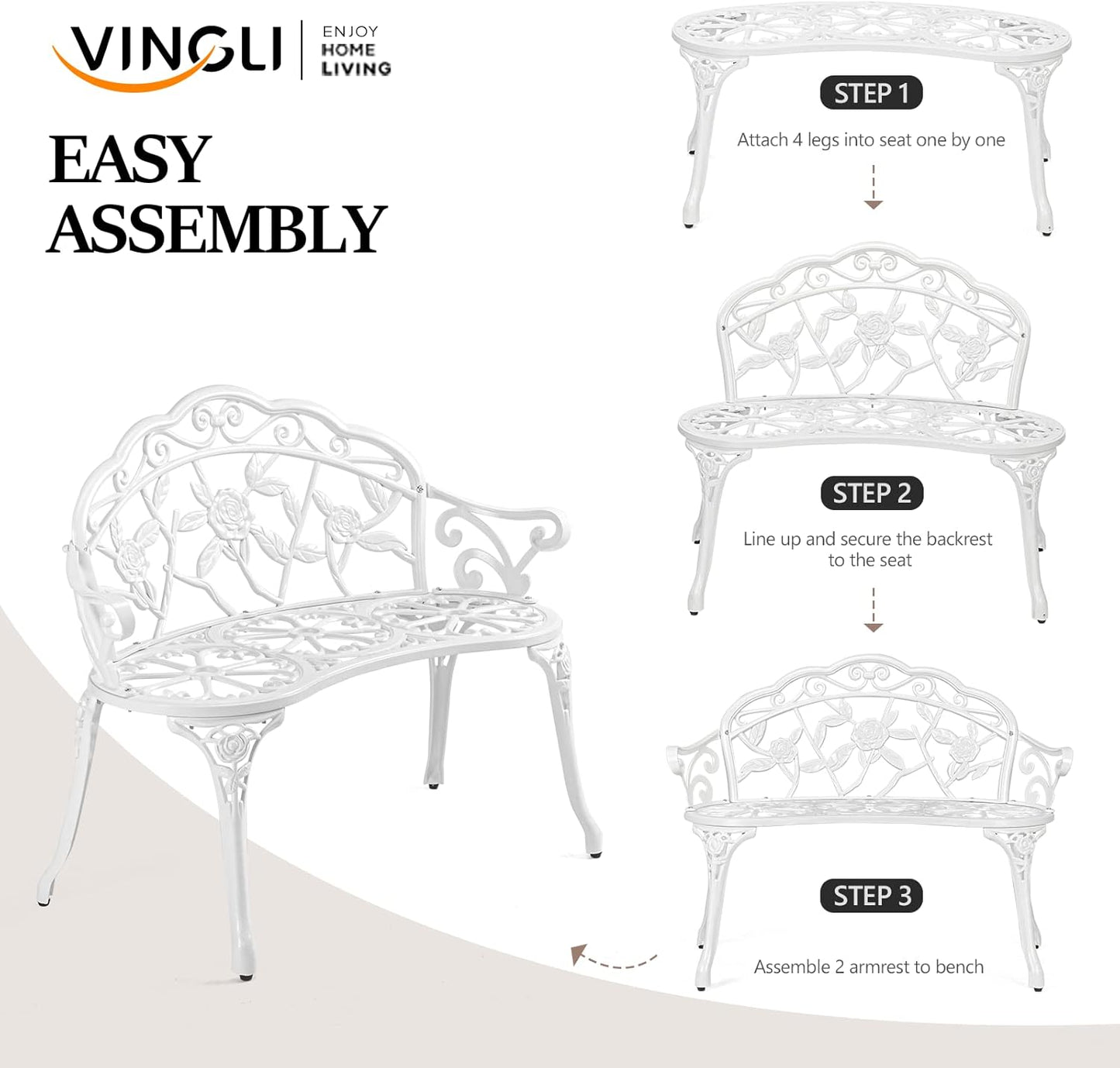 VINGLI 38.5" Patio Park Garden Outdoor Metal Rose Bench,Cast Iron Cast Aluminium Frame Antique Finish Chair,Accented Lawn Front Porch Path Yard Decor Deck Furniture for 2 Person Seat(White