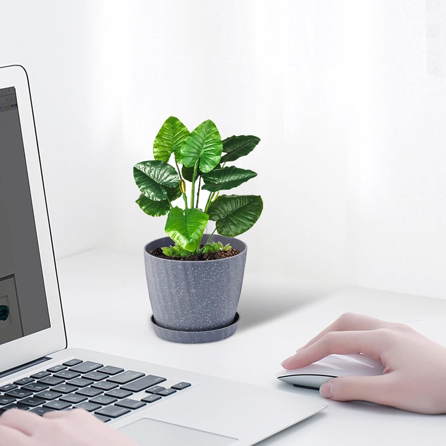 6 Inch Plant Pots Bulk, 6 Pack Plastic Planters with Drainage Holes and Saucers for Indoor Outdoor House Plants and Flowers, Grey Spots