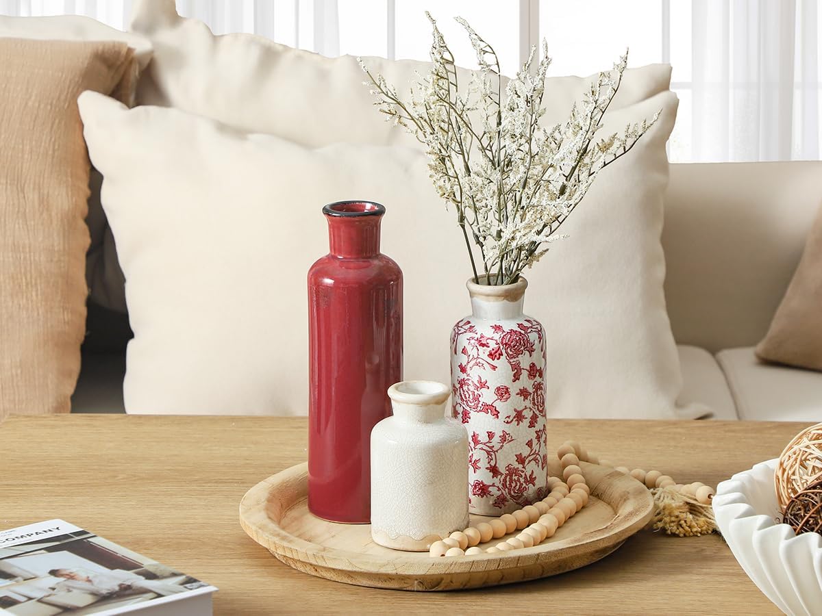 Vintage Vase Set of 3, Ceramic Vintage Flower Vases, Chinoiserie Decorative Home Decor Retro Floral Vase Rustic Farmhouse Decor for Table Bookshelf Mantel Kitchen Living Room Office - Red and White