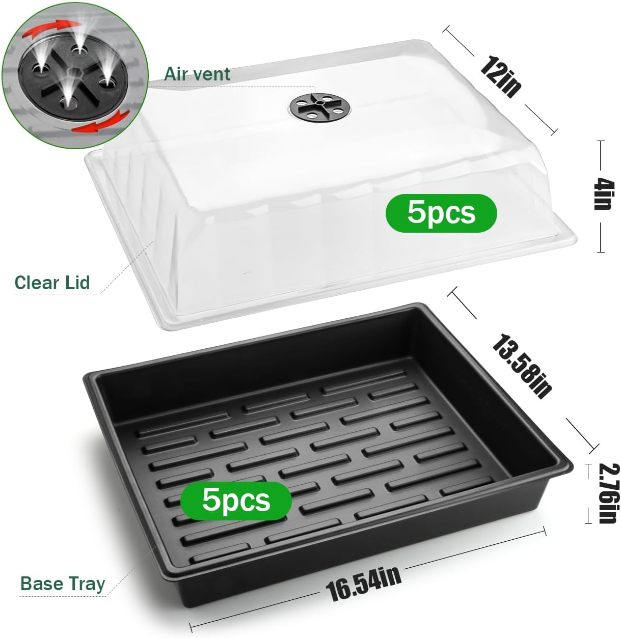 Leak-Proof Seed Starter Trays with 4" Humidity Dome & Drip Tray - 5-Pack Heavy-Duty Plastic Propagation Kit for Herbs, Microgreens, Indoor Gardening, Durable Reusable Plant Growing Trays