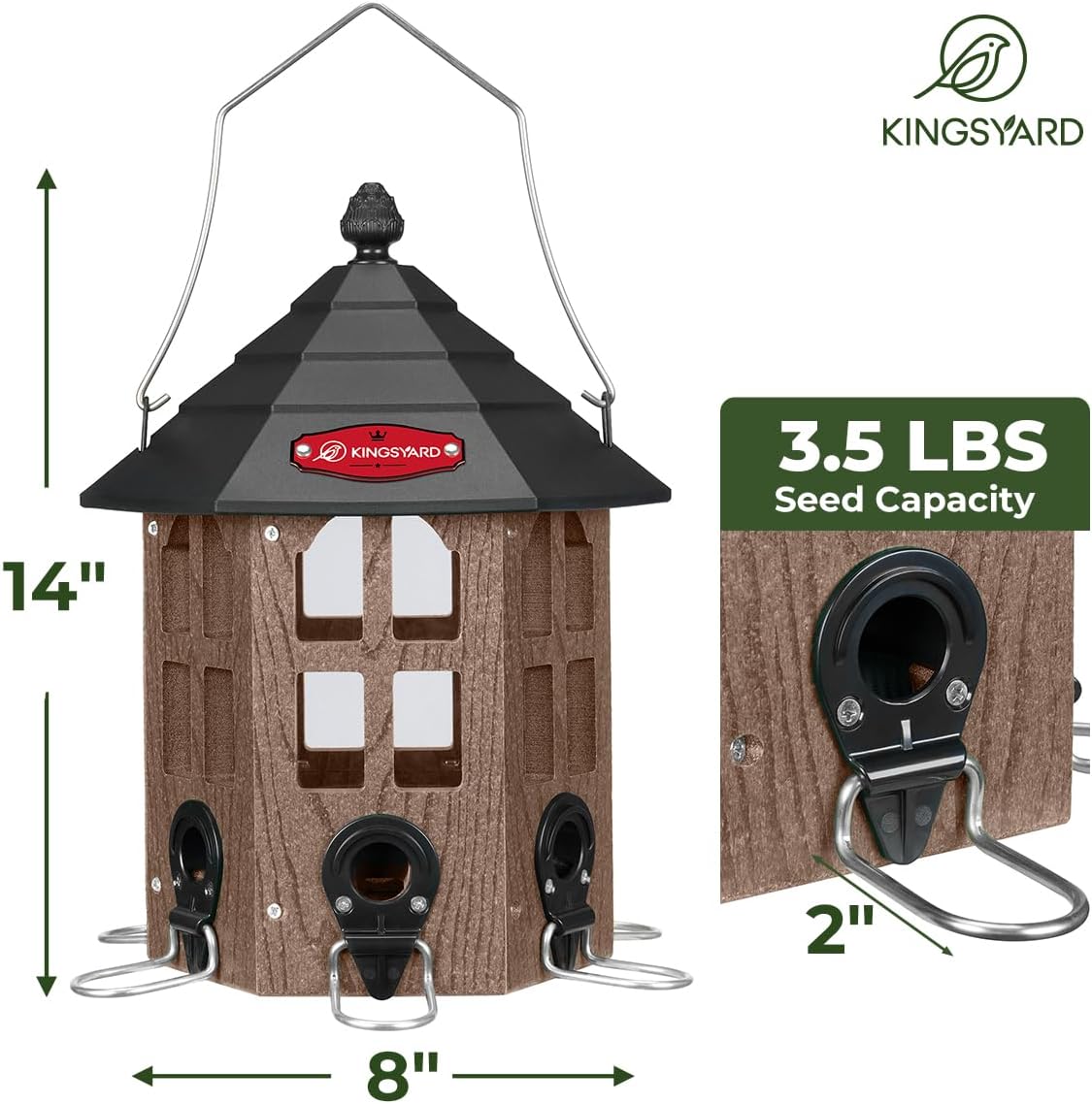 Kingsyard Wild Bird Feeder for Outdoor Hanging, Recycled Plastic Bird Feeders with 6 Ports & U-Shape Perch, Garden Yard Outside Decoration, 3.5 lbs Seed Capacity, Brown