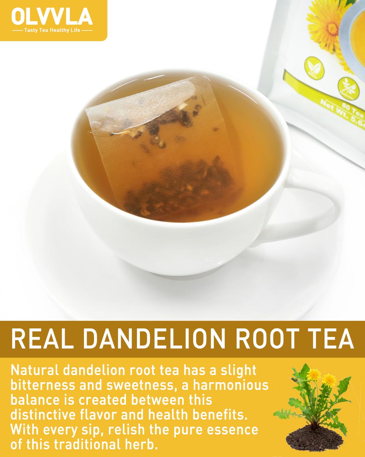 Olvvla - Dandelion Root Tea Bags - 2g X 80 Count - Premium Raw Dandelion Root - Caffeine-free - Non-GMO - Support Digestion & Cleanse