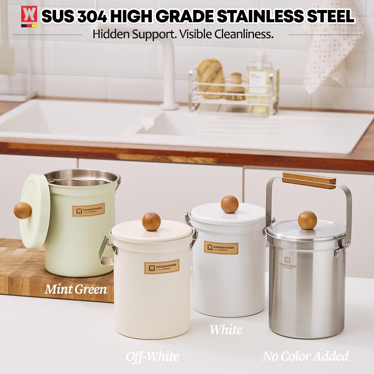 Kitchen Countertop Compost Bin 101ounces / 3Liters with Airtight Lid, SUS304 Stainless Steel Odor-Free Food Waste Bin with Wooden Handle Stylish Design/Bathroom Trash Can (Silver)