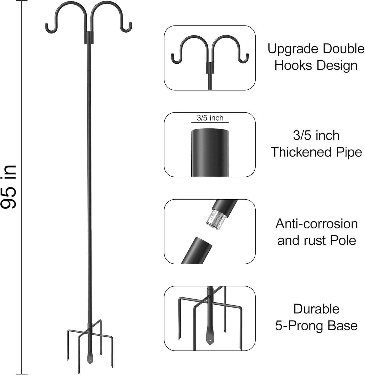 Highpro Double Shepherd Hooks for Outdoor, 95 Inch Heavy Duty Bird Feeder Pole for Hanging Bird Feeder, Garden Hooks Plant Baskets, Garden Plant Hanger Stands with 5 Prong Base