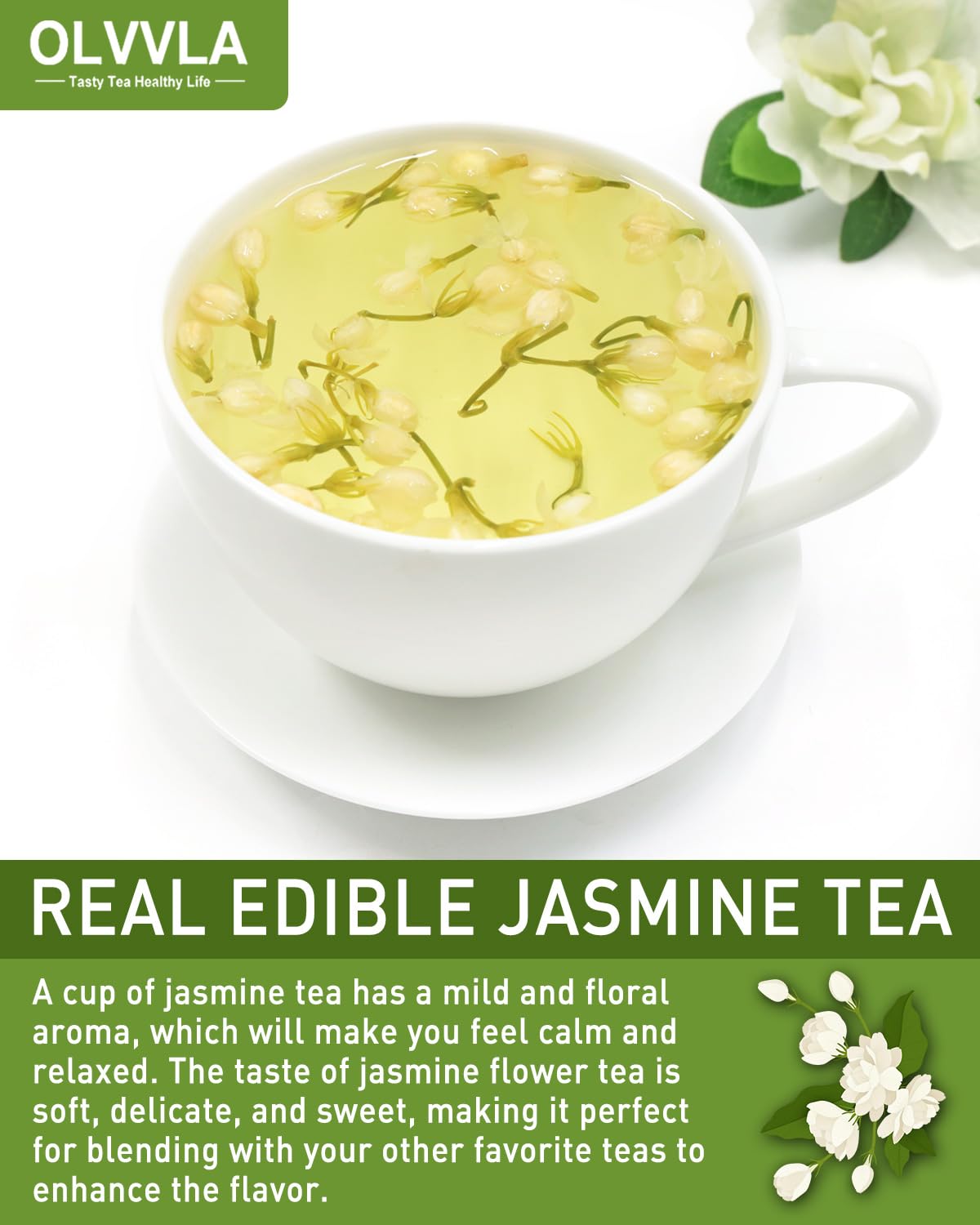 Olvvla - Dried Jasmine Flowers - 3oz/85g - 100% Natural Jasmine Tea Edible Flowers - Pure Jasmine Buds Loose Leaf Herbs - Non-GMO - Natural Fragrance