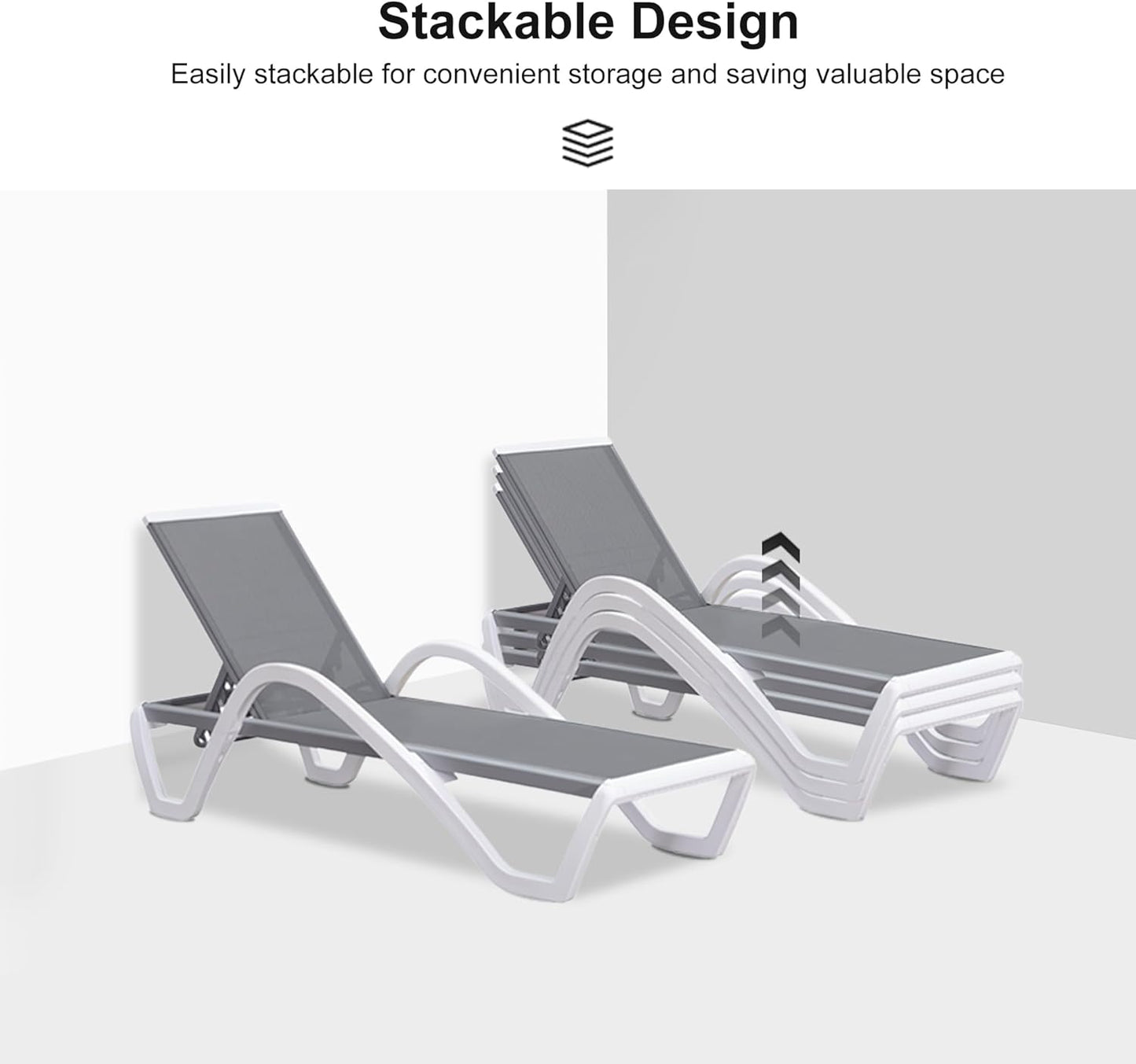 PURPLE LEAF Patio Chaise Lounge Chair Set of 3 Outside Aluminum Plastic Stackable Tanning Chairs with Armrests and Side Table for Pool Sunbathing Beach Deck Outdoor Lounger, Light Gray