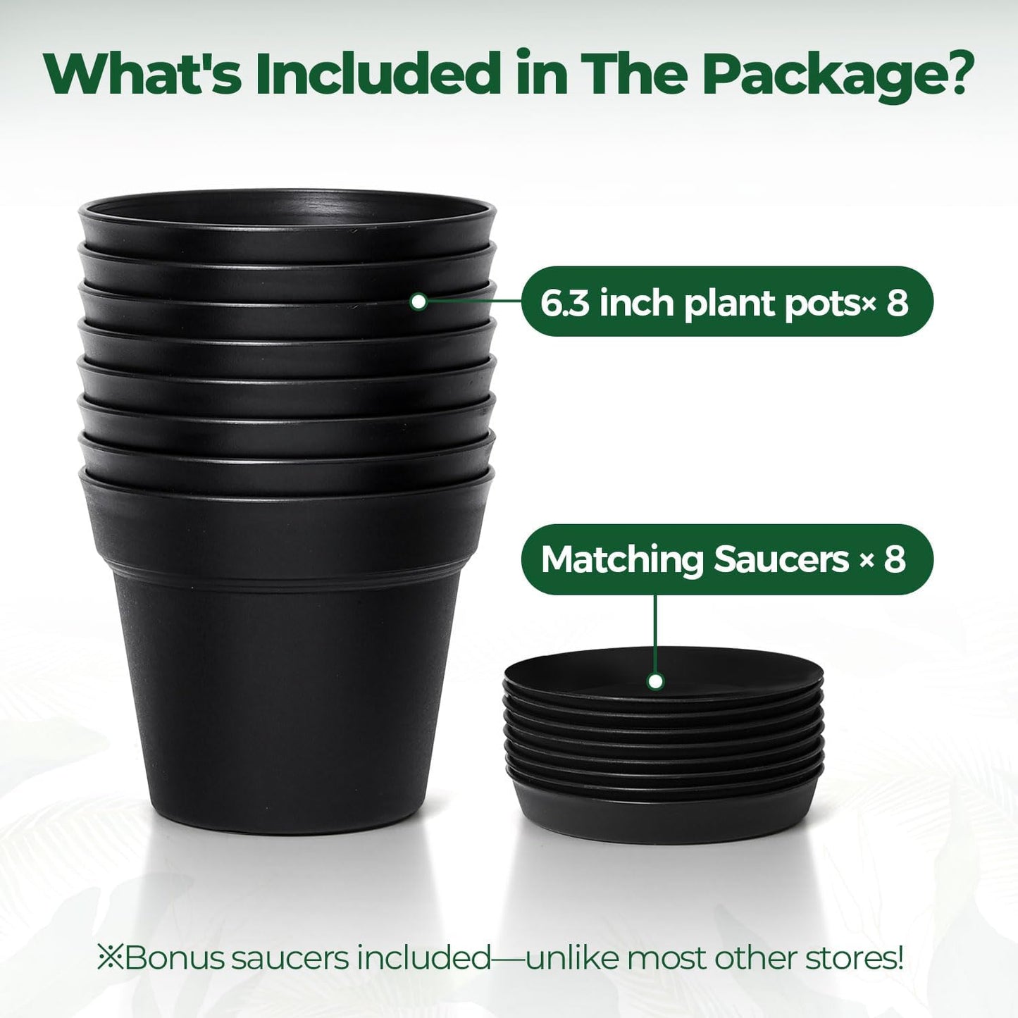 T4U 6 Inch Plant Pot 8-Pack, Plastic Planter with Drainage Hole and Saucer, Decorative Nursery Pots Bulk for African Violet, Snake Plant, Succulent, Herb and Plants Indoor (8 Pcs 6" Pots, Black)