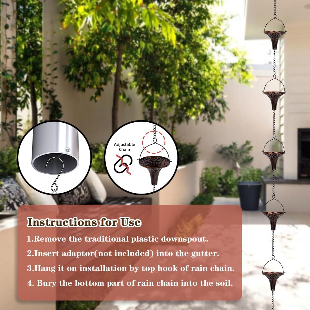 9.7ft Outdoor Rain Chain with 10 Funnel Shaped Cups Adjustable Rain Chain for Gutters, Eaves, Drains, Replacement Downspouts