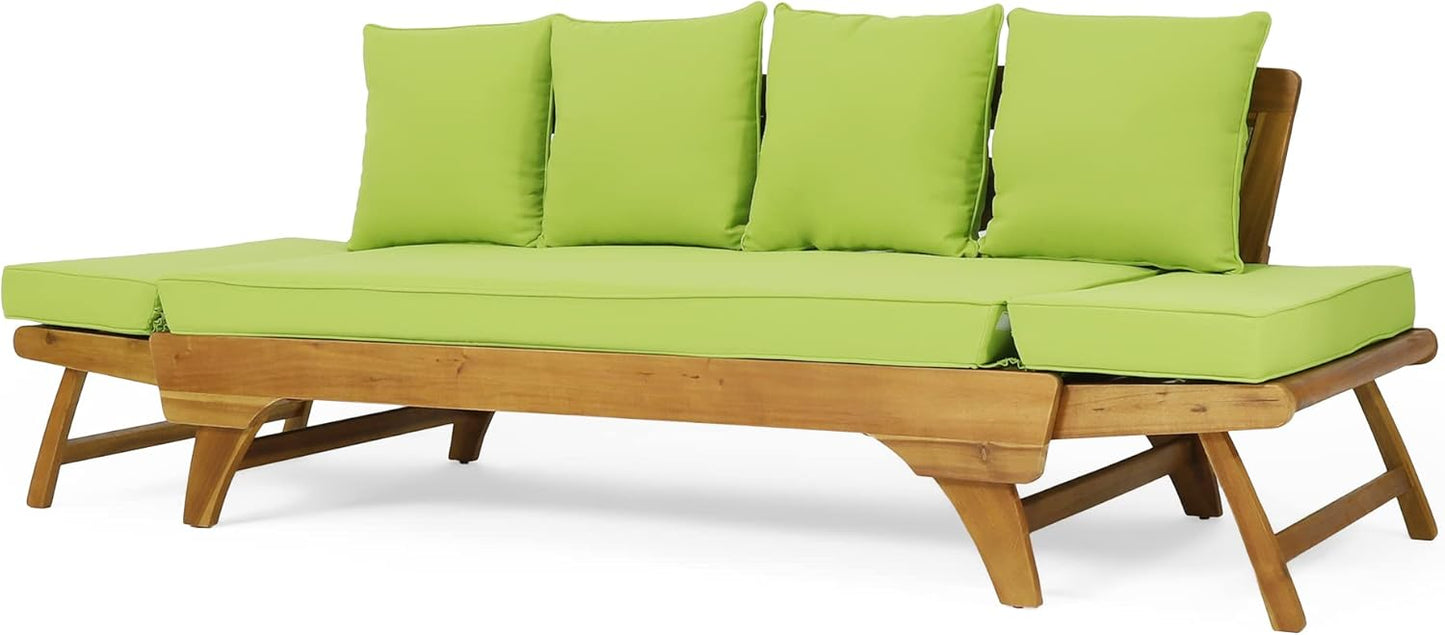 Outdoor Adjustable Patio Wooden Serene Daybed Sofa Chaise Lounge with Cushions for Small Places, Sleeper Chair with Armrest for Backyard, Poolside (Green)