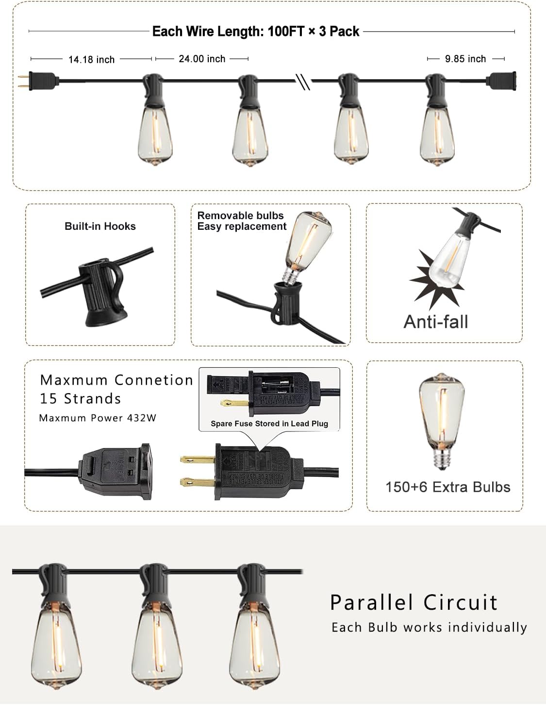DAMAING String Lights for Outside 300FT shatterproof connectable Patio Lights Outdoor 3 Pack x 100FT with 156 PCS Vintage dimmable LED Edison Bulbs,Waterproof Hanging Lights for Backyard,Deck