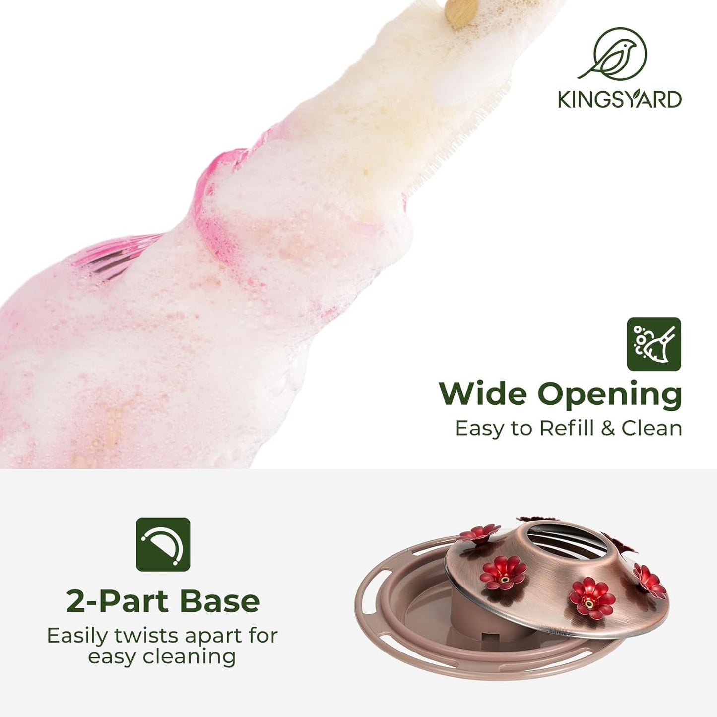 Kingsyard Glass Hummingbird Feeders for Outdoors, 24 oz Hummingbird Nectar Feeder for Outdoors Garden Yard D�cor, 6 Feeding Ports, Ant Moat Included, Easy to Clean & Refill, Pale Pink