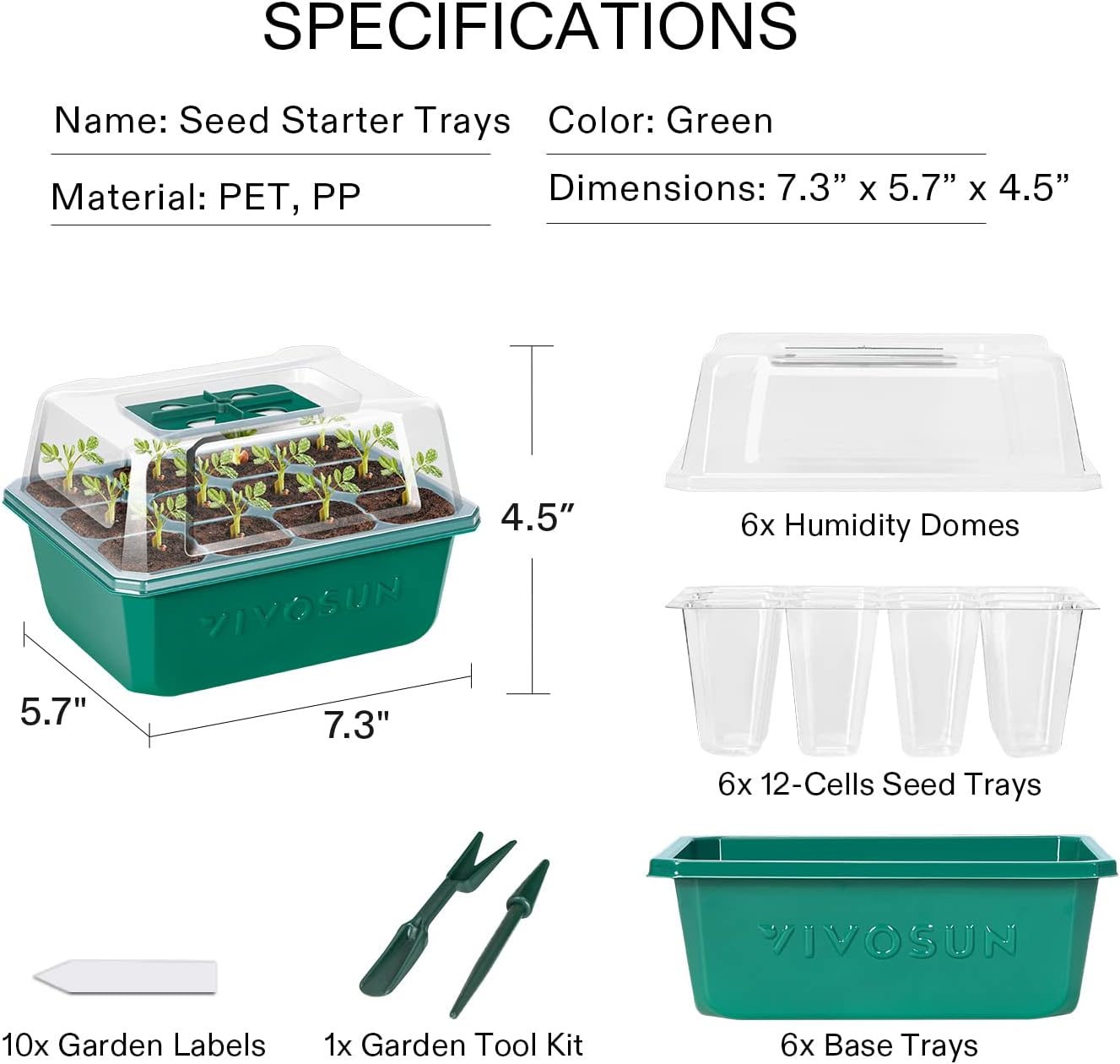VIVOSUN 6-Pack Seed Starter Trays, 72-Cell Seed Starter Kit with Humidity Dome, Flat Reusable Plant Germination Trays with Drain Hole, Green Propagation Tray for Planting Seeds