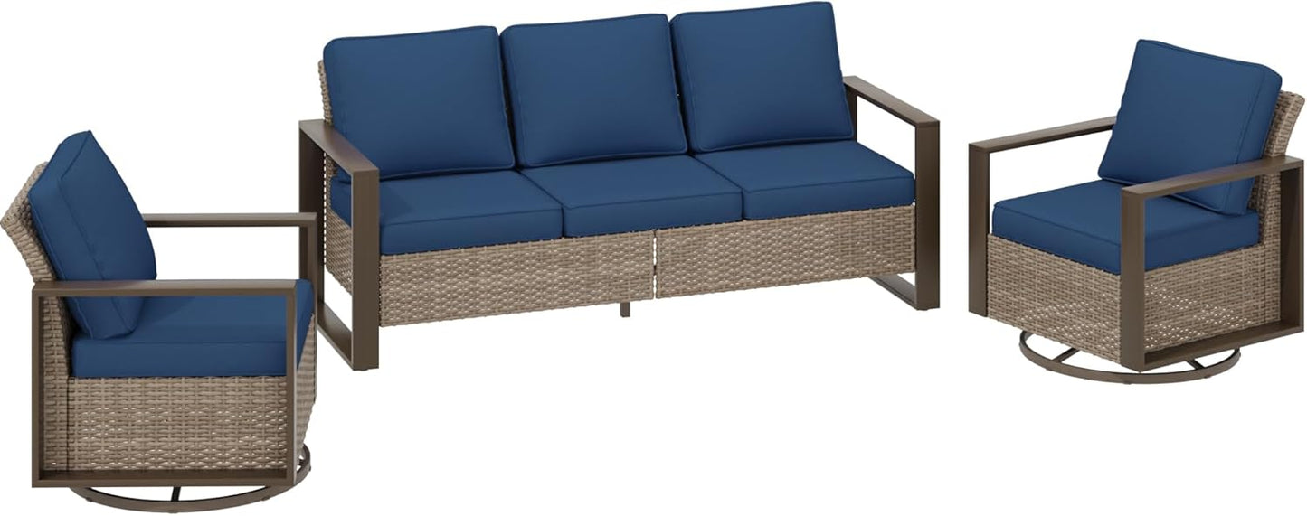 Wicker Patio 75" Sofa Set with 2 Swivel Chairs, All Weather Rattan Outdoor Conversation Furniture Set with Wood-Looking Metal Armrest & Removable Cushions for Backyard Porch, Dark Blue