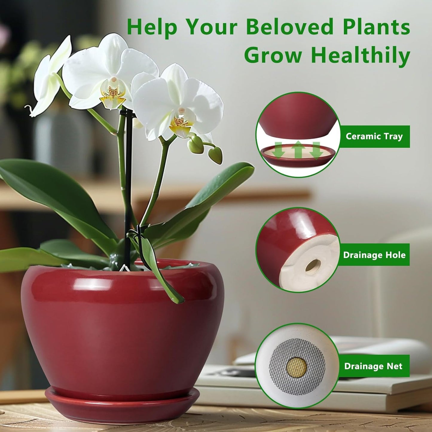 10 Inch Plant Pot - Ceramic Planter Pot with Drainage Hole and Saucer Large Planter for Indoor Plants Round Outdoor Flower Pot Mid-Century Decor Red