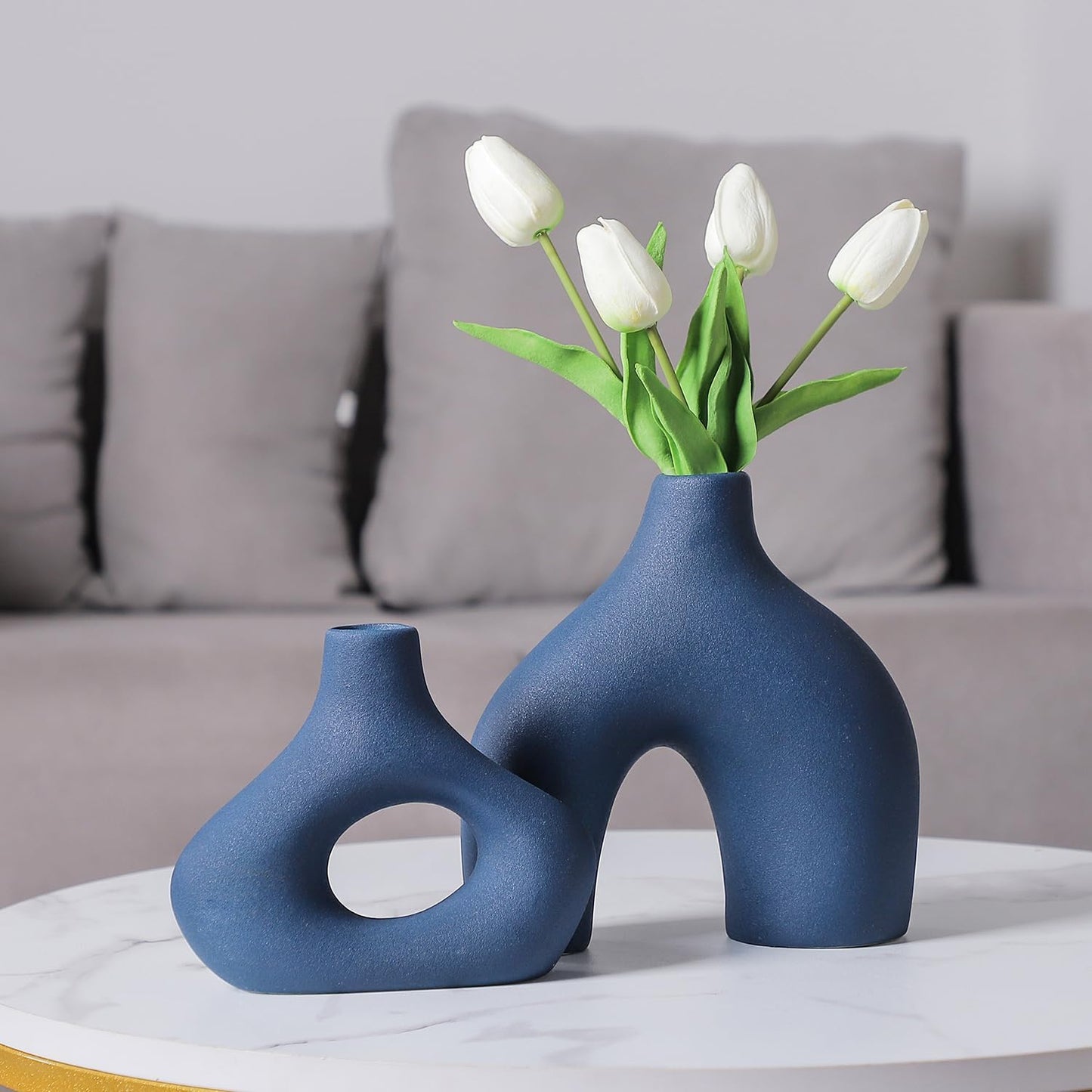 CEMABT Blue Ceramic Vase Set of 2 for Modern Minimalist Bohemian Decor,Round Matte Donut Vases for Pampas Grass-Perfect for Living Room, Dining Table, Office Bedroom Shelf Decor Entryway, Console