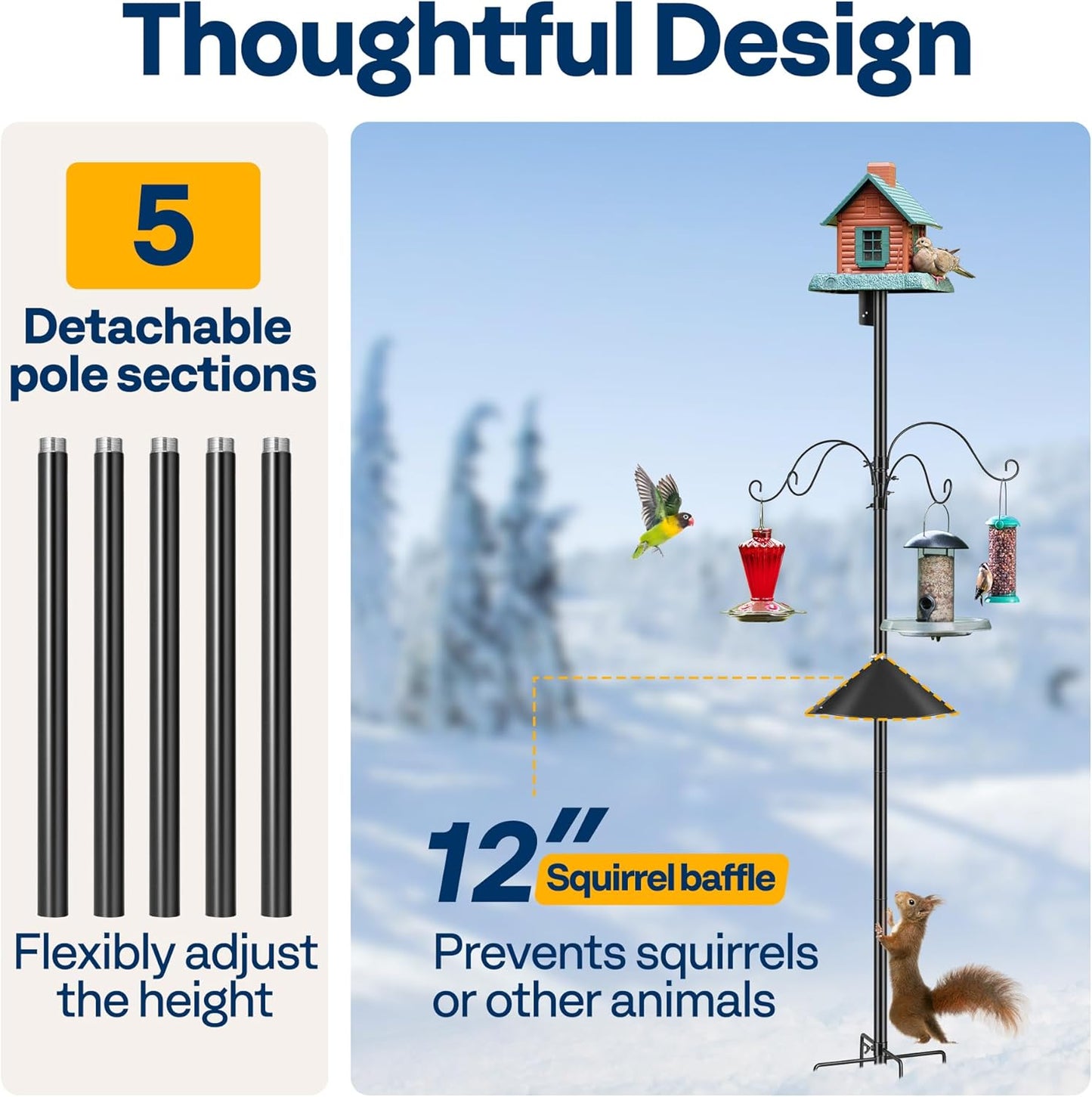 VIVOHOME 92 Inch Bird Feeder Pole with Squirrel Baffle and 4 Hooks, Outdoor Bird House Pole Mount Kit with 5 Prong, Heavy Duty Adjustable Bird Feeder Stand