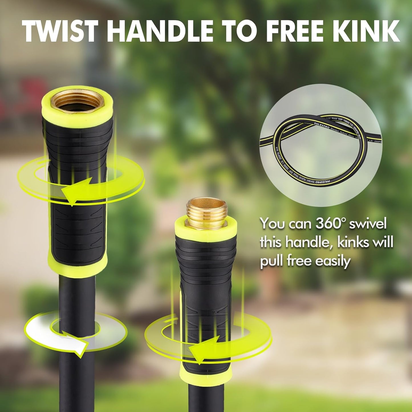 Garden Hose 25FT - PHLEX PRO Heavy-Duty Premium 5/8'' Rubber 3-Layer Water Hose - Innovation Flexible Hybrid Lightweight Water Hose, Full Brass Male to Female Fittings