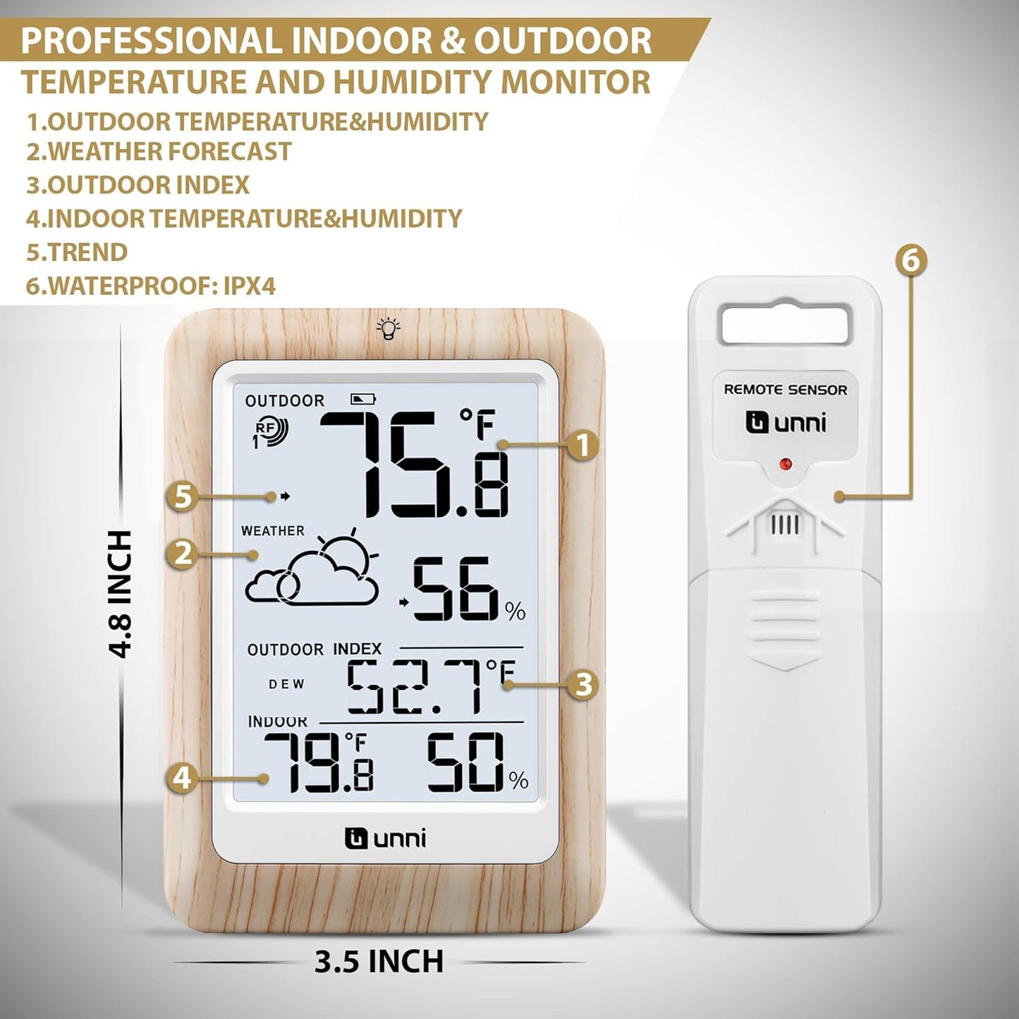 Indoor Outdoor Thermometer Wireless Weather Station, Temperature Humidity Monitor Battery Powered Inside Outside Thermometers with 330ft Range Remote Sensor and Backlight Display(Wood)