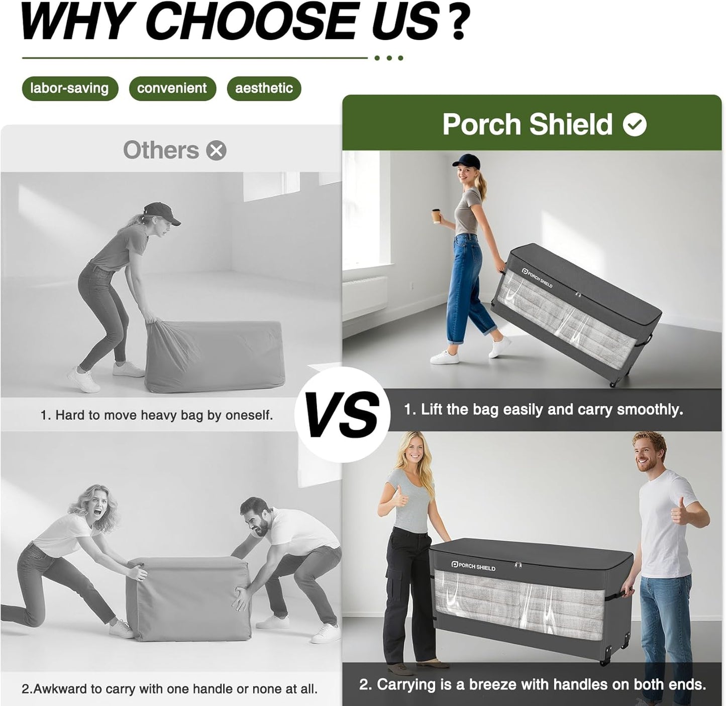 Porch Shield Rolling Cushion Storage Bag with Wheel - Heavy Duty Large Container for Furniture Pillow 9 Ft Tree Christmas 62" L x 20" W x 28" H