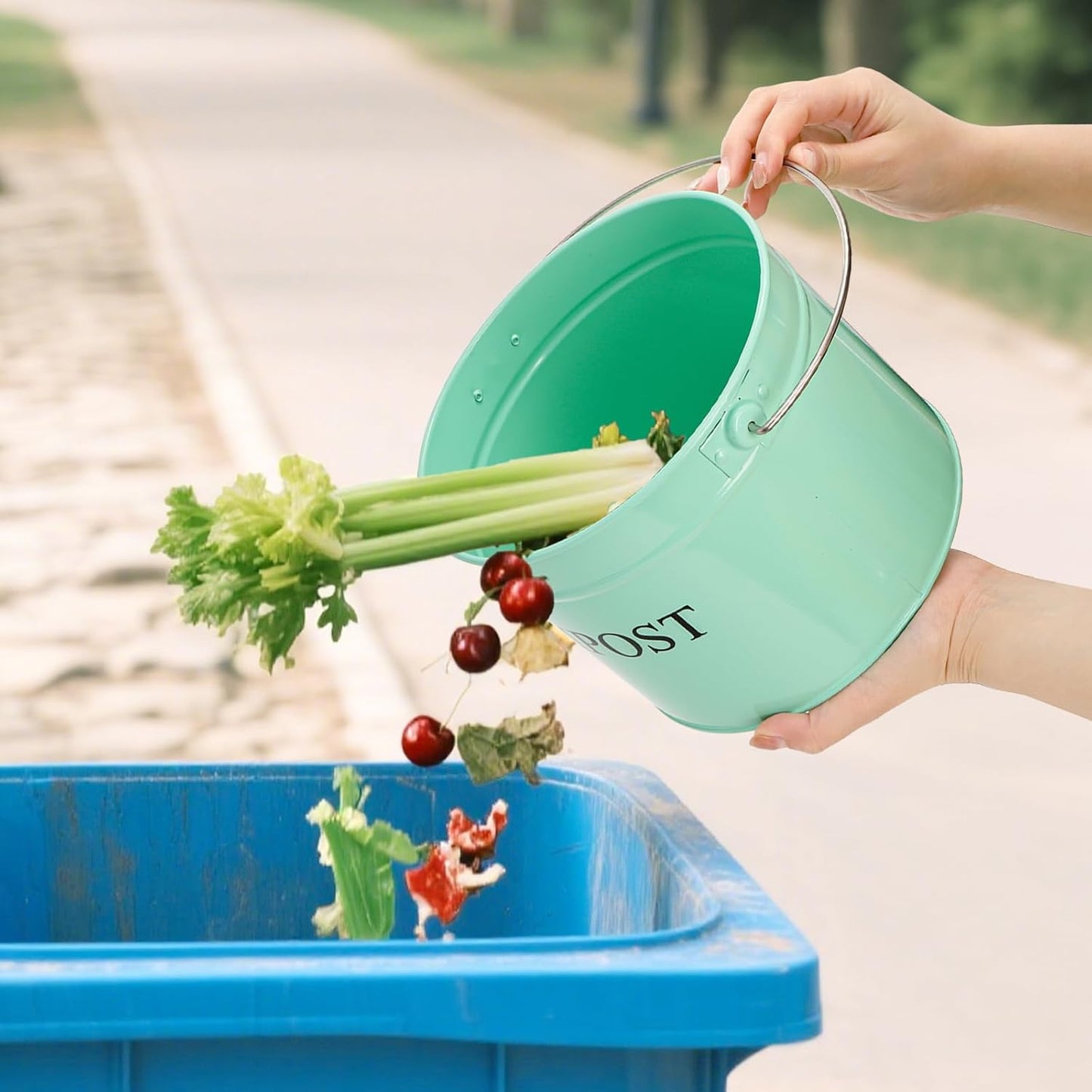 AVLA Kitchen Compost Bin, 1 Gallon Countertop Food Waste Container, Odorless Composter Bucket with Lid and Charcoal Filter, Indoor Metal Composting Pail, Mint Green