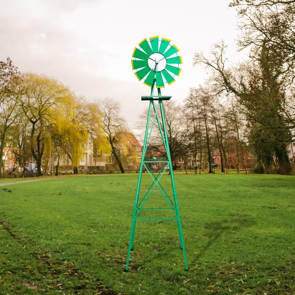 VINGLI 8FT Ornamental Windmill Backyard Garden Decoration Weather Vane, Heavy Duty Metal Wind Mill w/ 4 Legs Design (Green, 8, Feet, 21.6, Inches, 8.00, Feet, 25.98, Inches, 25.98, Inches)