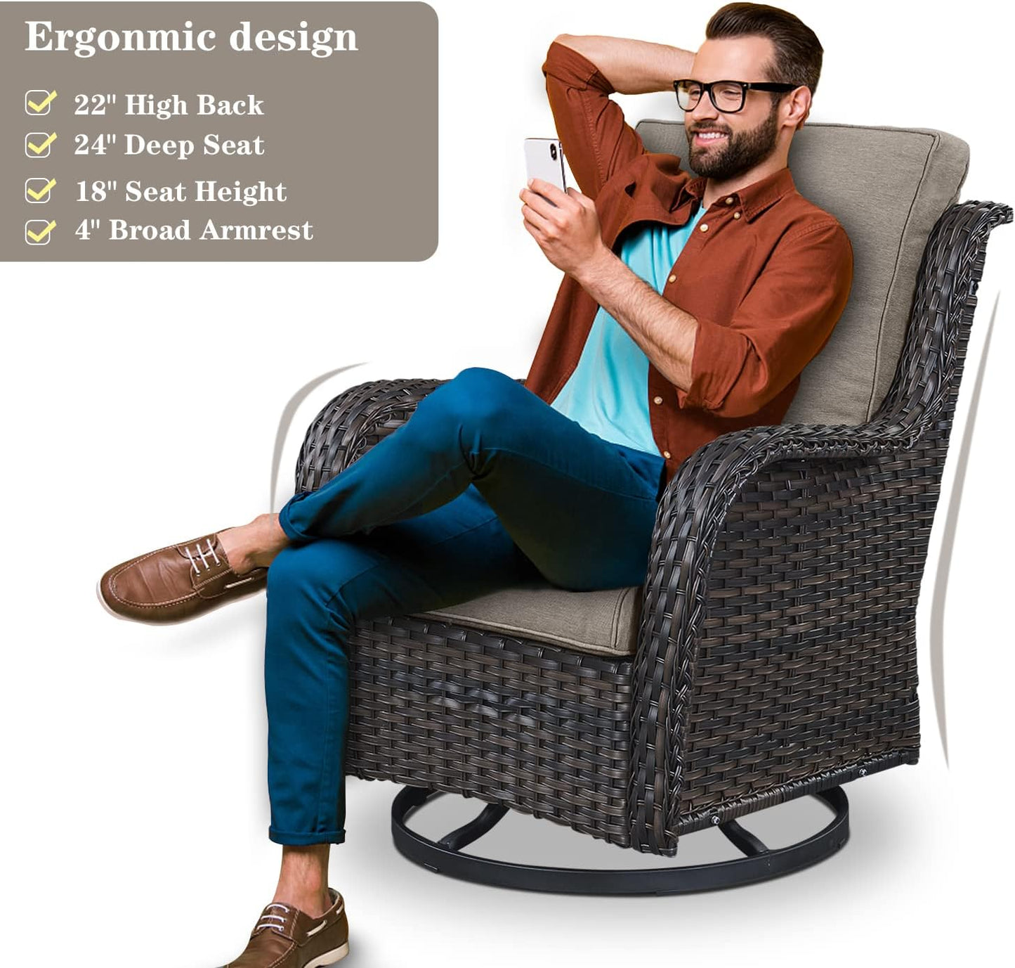 5 Pieces Patio Wicker Furniture Set - 4 Outdoor Swivel Rocker Glider Chairs with 50000BTU Propane Fire Pit Table, Warm Patio Conversation Set Grey Cushion Perfect for Casual Gathering