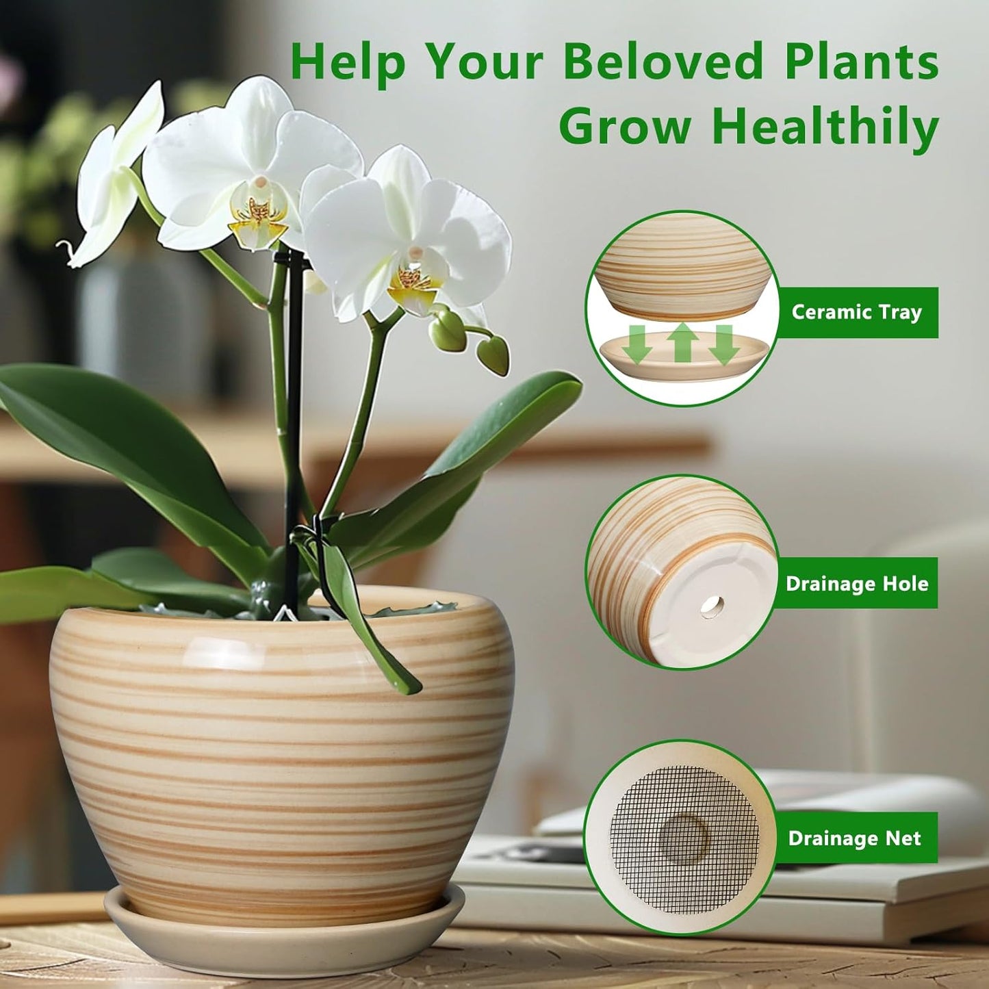 Planter 8 Inch - Indoor/Outdoor Ceramic Plant Pot With Drainage Hole and Saucer, Round Modern Flower Planter for Succulents, House, Patio - Yellow