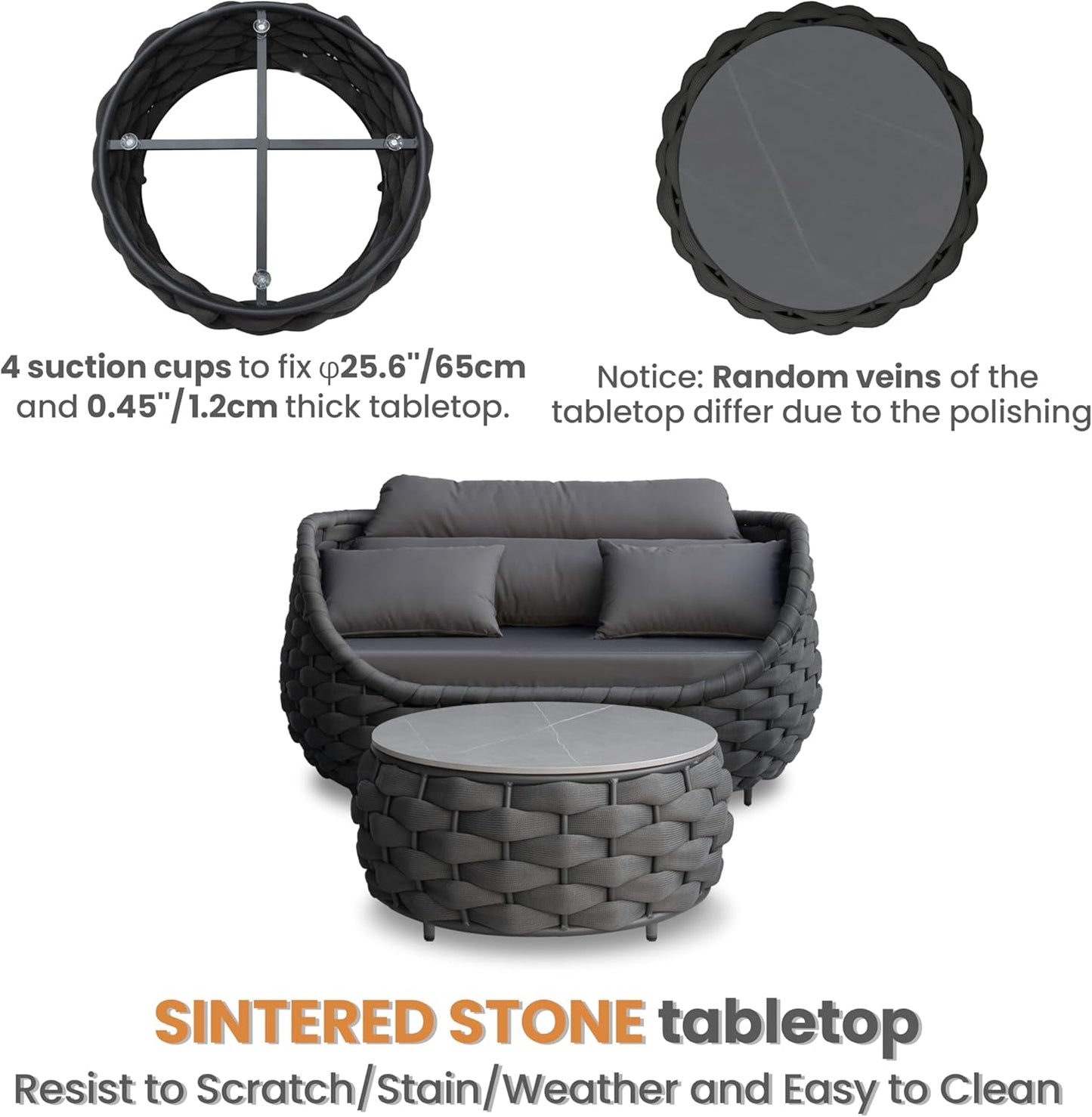 Patio Loveseat with Table: Aluminum Hand Woven Rope 2 Piece Patio Furniture Set - Cushioned Outdoor Seating Set - Modern Metal Lounge Set Assembled for Porch Balcony Deck Garden Hotel, Dark Grey