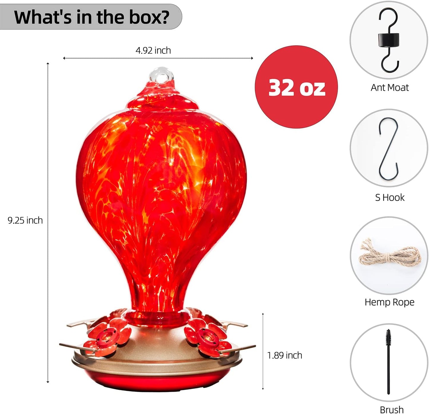 2 Packs Hummingbird Feeders for Outdoors Hanging Ant and Bee Proof, 34OZ & 32OZ Hand Blown Glass Hummingbird Feeders for Outside, 2 Red