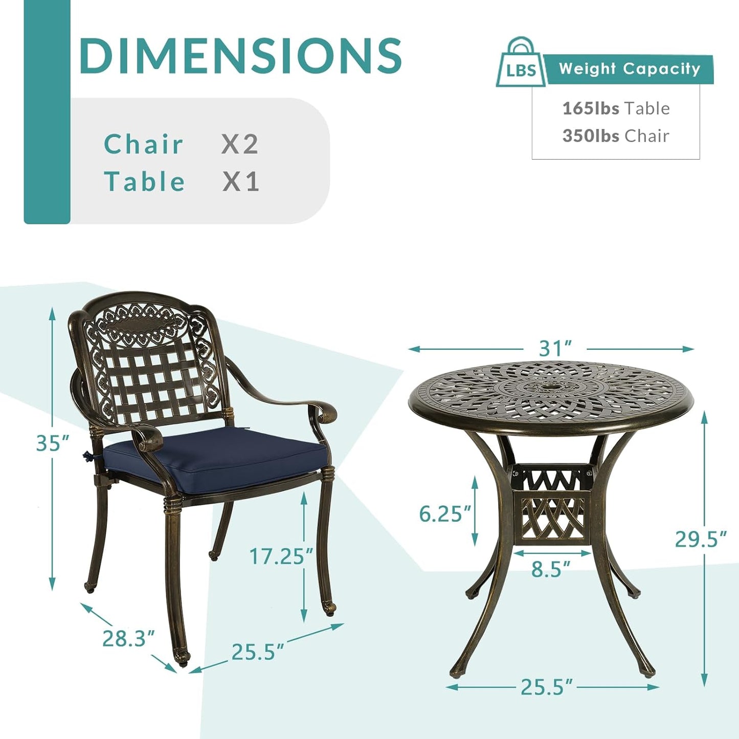 MEETWARM 3 Piece Patio Bistro Set, Outdoor All-Weather Cast Aluminum Dining Furniture Set Includes 2 Chairs with Cushions and a 31” Round Table with Umbrella Hole for Garden Deck, Navy Blue