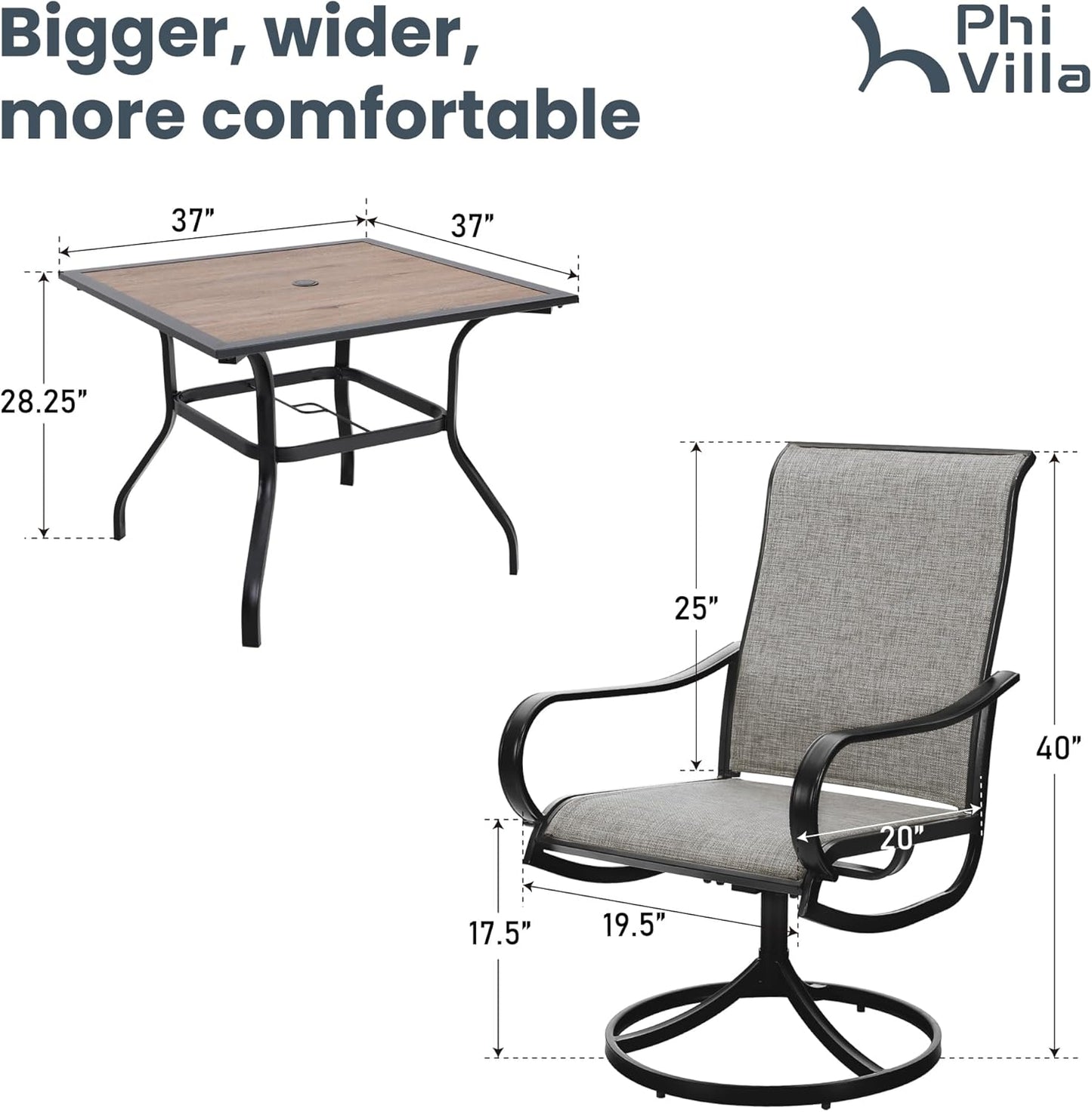 PHI VILLA 5 Piece Outdoor Patio Dining Set, Patio Table & Chair Set Clearance for 4 Person, 4 Swivel Dining Chairs & 1 Square Patio Table(1.57" Hole) for Lawn Garden Poolside