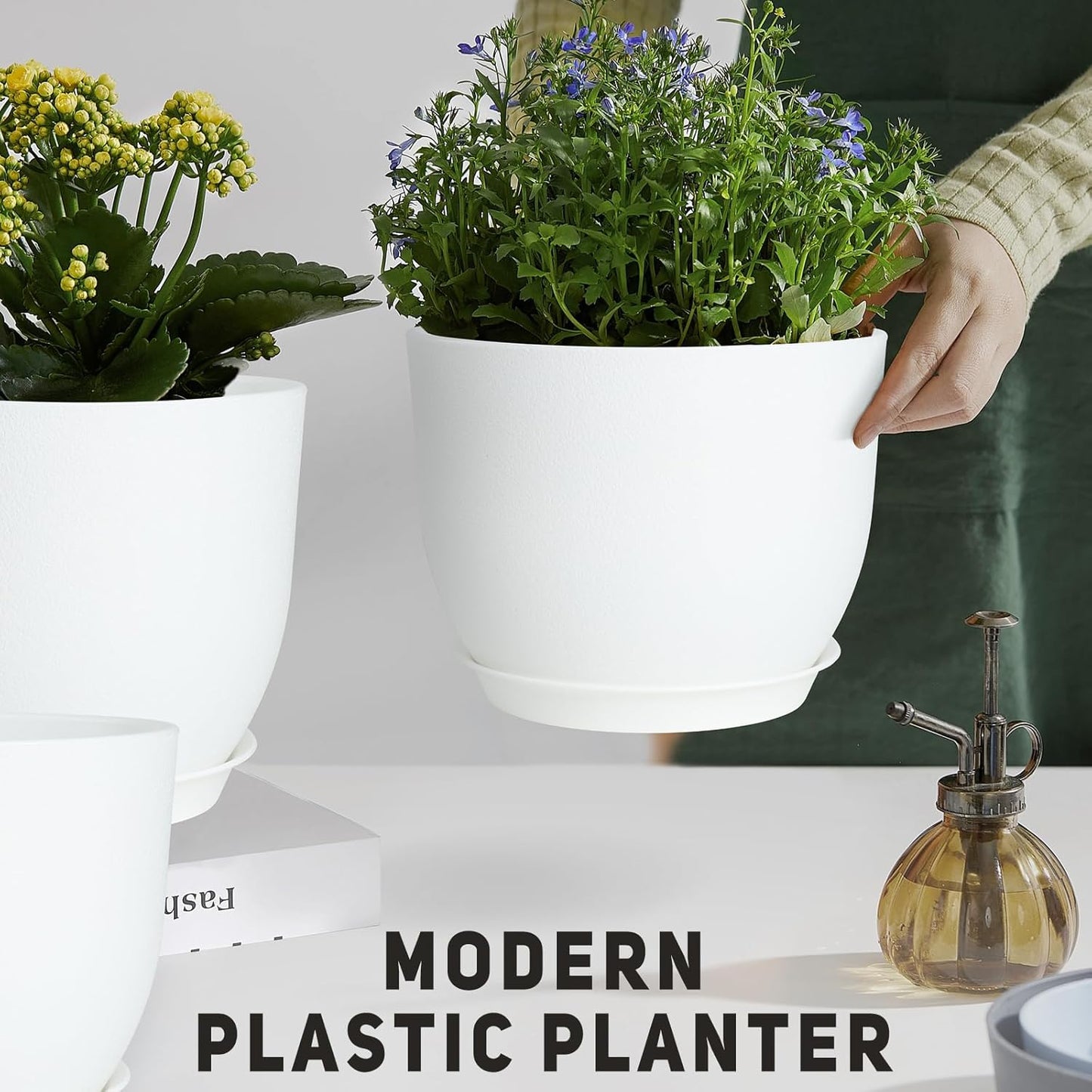 Plant Pots 10/9/8/7.5/7 inch Flower Pots with Multi Mesh Drainage Holes, Planters for Indoor Outdoor Garden Plants and Flowers. (White)