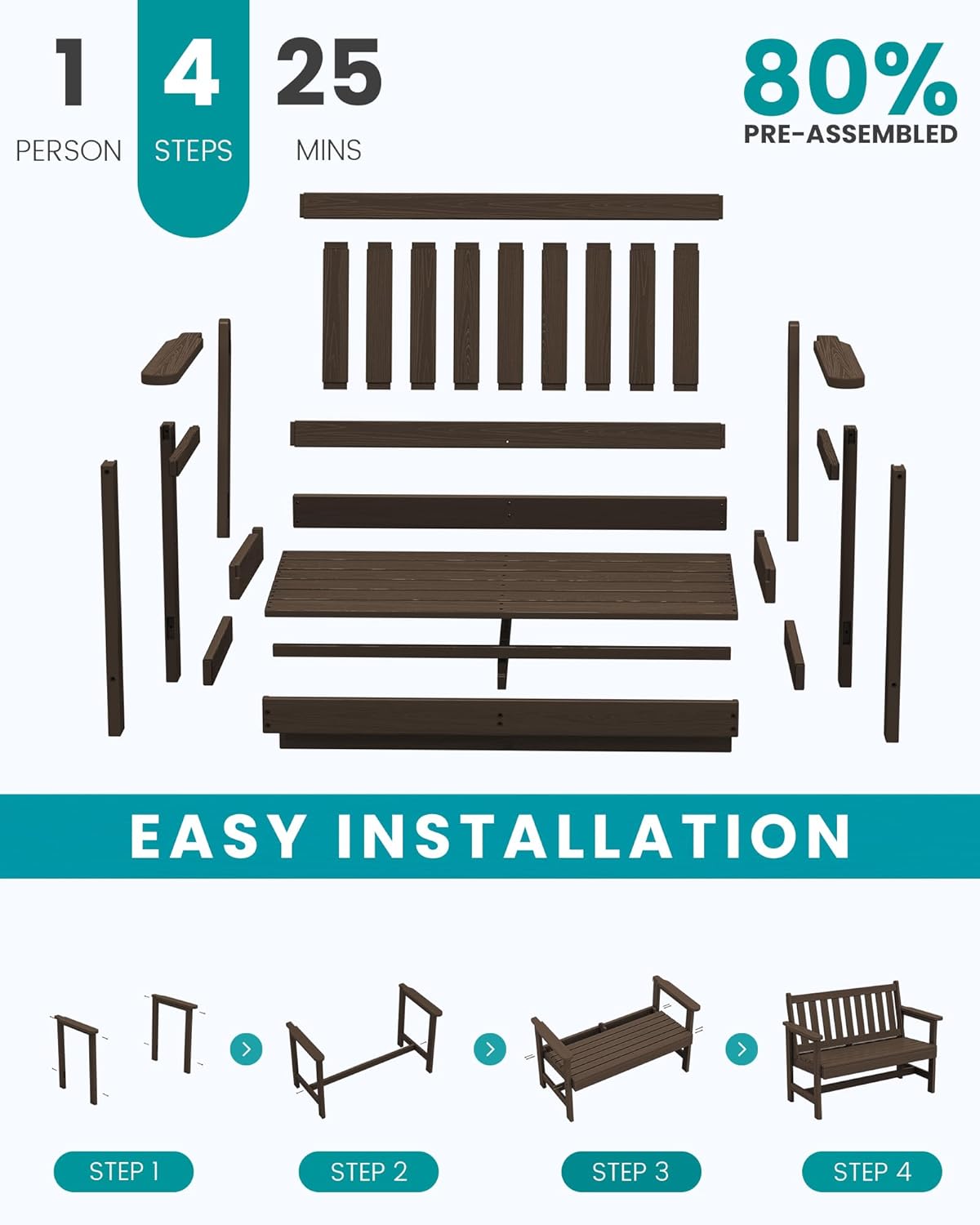 SERWALL Outdoor Bench, HDPE Outdoor Benches Weatherproof, 2-Person Garden Bench with 660 lbs Weight Capacity, Patio Benches for Outdoors, Garden, Porch, Backyard and Park, Coffee, 6 Pack