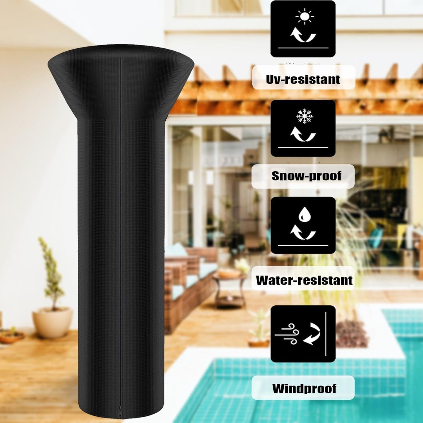 SIRUITON Patio Heater Covers with Zipper and Air Vent,Waterproof Outdoor Heater Cover, Dustproof,Wind-Resistant,UV-Resistant,Snow-Resistant,(87" Height x 33" Dome x 19" Base, 420D Black)