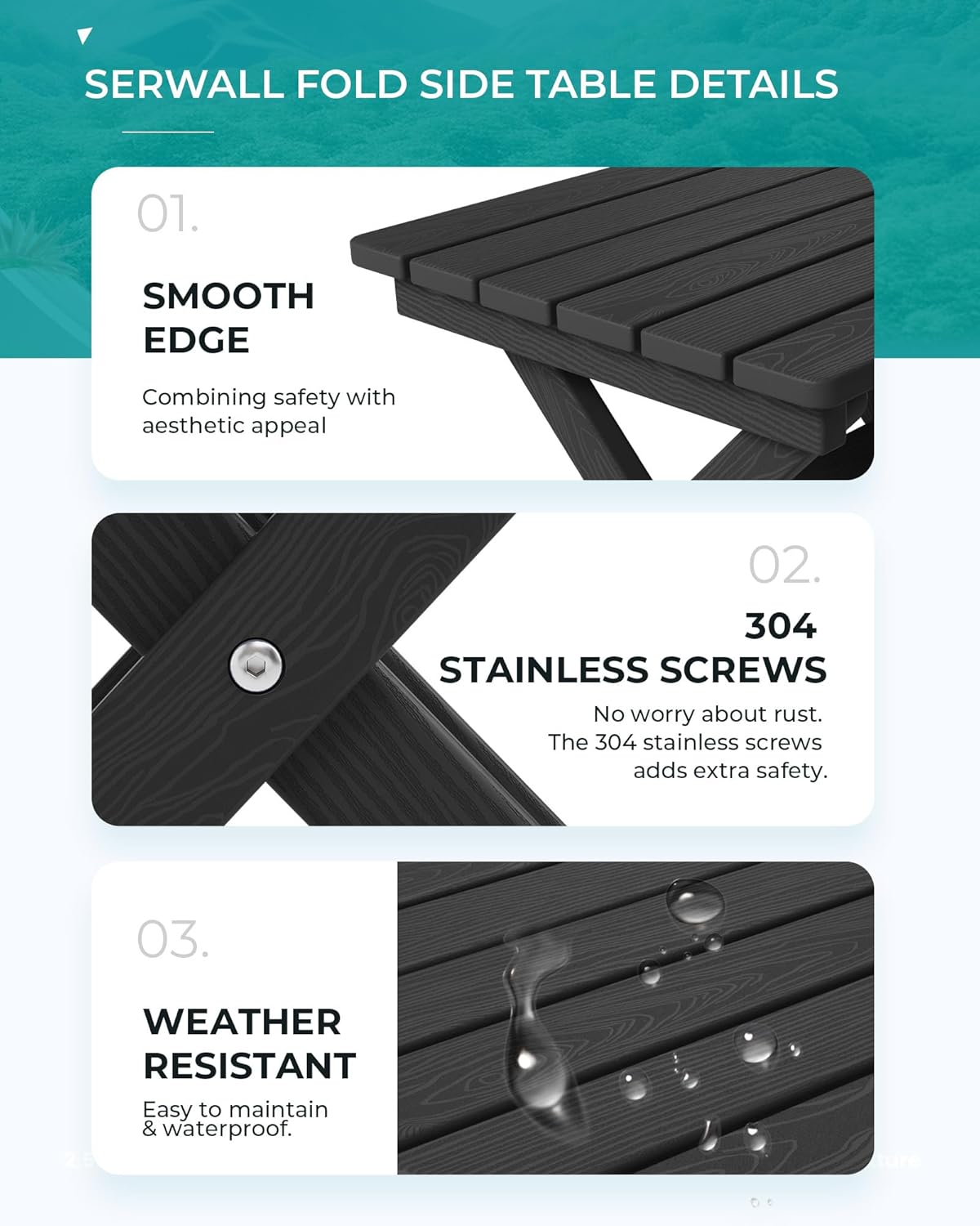 SERWALL Folding Outdoor Side Table, HDPE Adirondack Side Table, Portable Outdoor End Table, Black