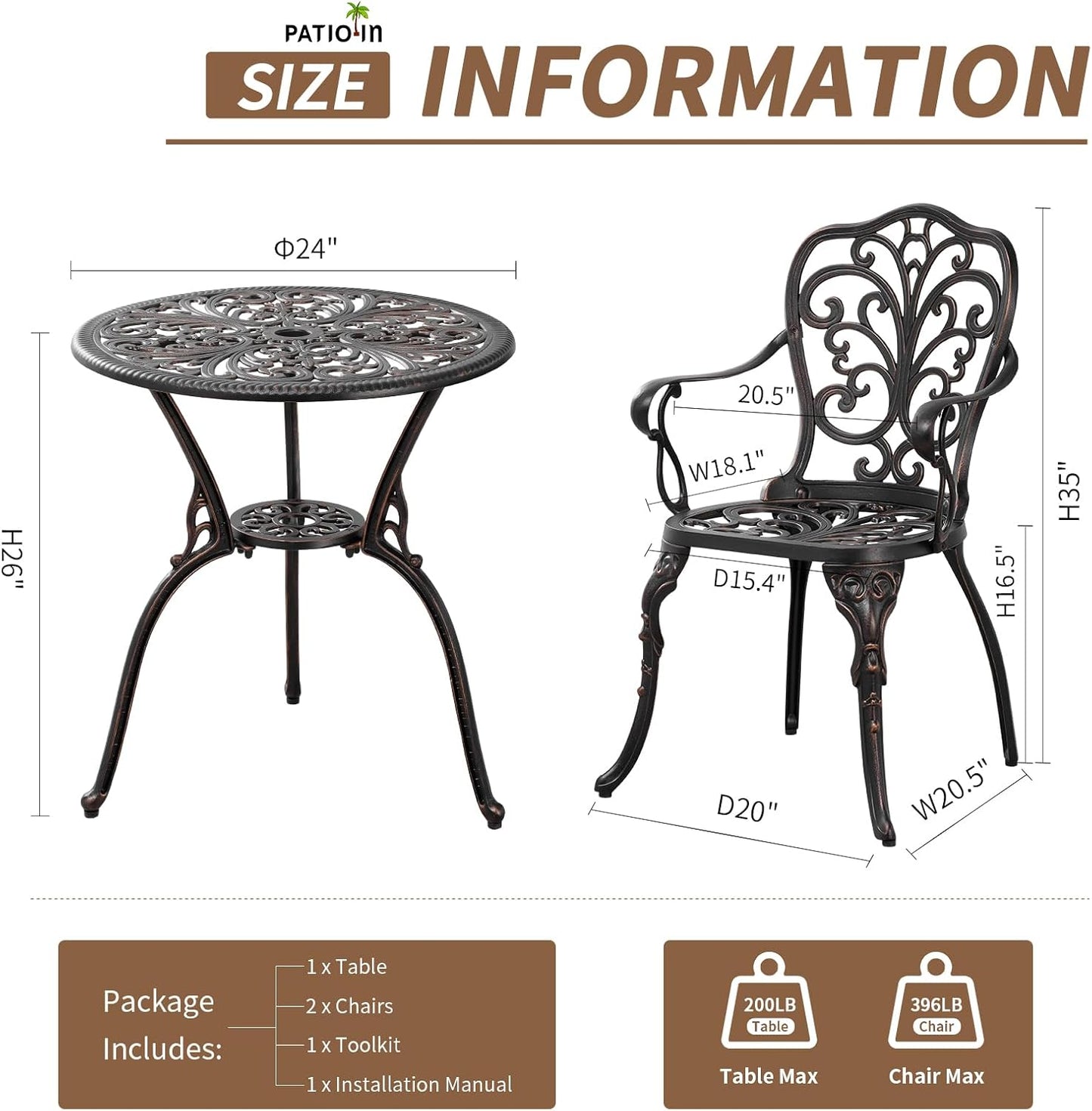 3 Piece Cast Aluminum Bistro Set, Bronze Bistro Table and Chairs Set of 2, 3 Piece Patio Furniture Set with 1.97" Umbrella Hole for Backyard, Balcony, Deck