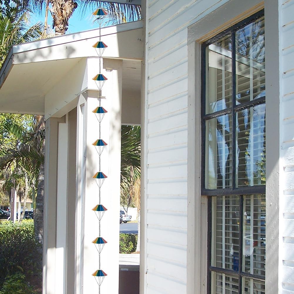 10 Ft Rain Chains for Outside, Colorful Parachute Shape Rain Catcher Chain with 10 Cups for Eaves Drainage, Replacement Downspout for Gutters