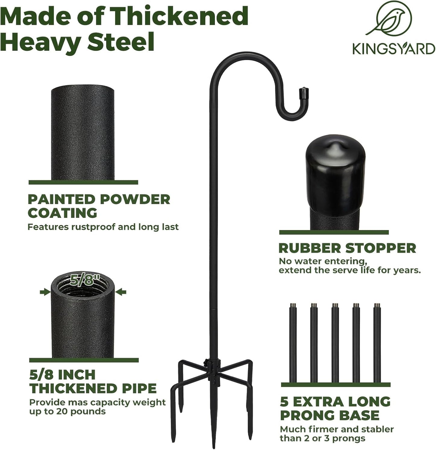 Kingsyard Adjustable Shepherd Hooks for Outdoor - 76 INCH Heavy Duty Bird Feeder Pole with 5 Prong Base, Hummingbird Feeder Stand, Garden Plant Baskets, Weddings Decor, Solar Light Lanterns