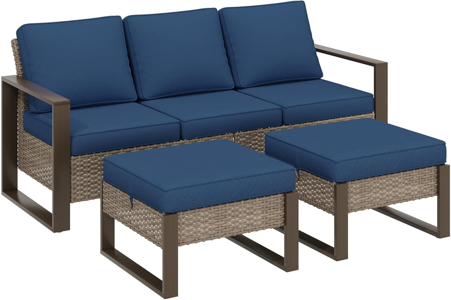 Wicker Patio 75" Sofa Set with Two Ottomans, All Weather Rattan Outdoor Conversation Furniture Set with Wood-Looking Metal Armrest for Deck Backyard Porch, Dark Blue