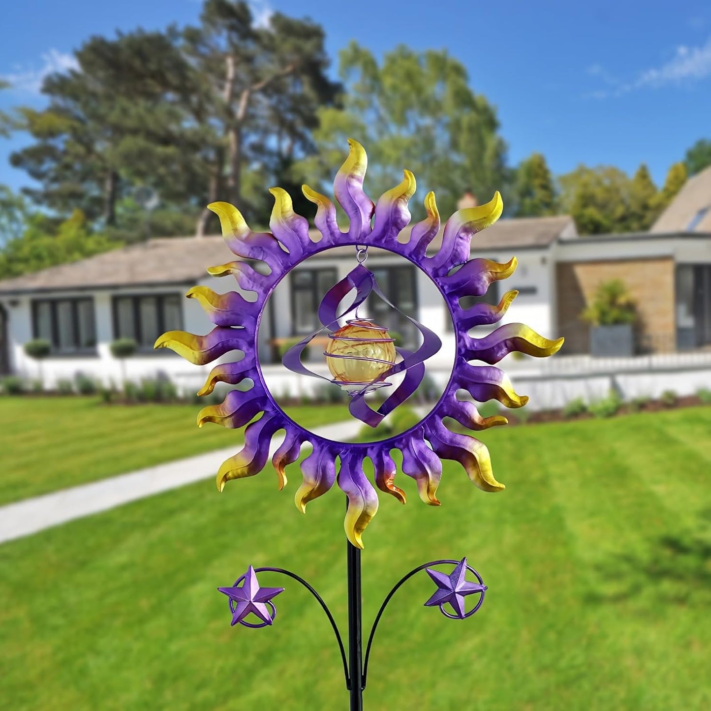 60 in Solar Wind Spinners for Yard and Garden, Sun and Stars Wind Sculptures Outdoor Clearance Kinetic Windmills with 360Β° Rotating Solar Lamp Ball for Patio, Lawn Xmas Garden Decor