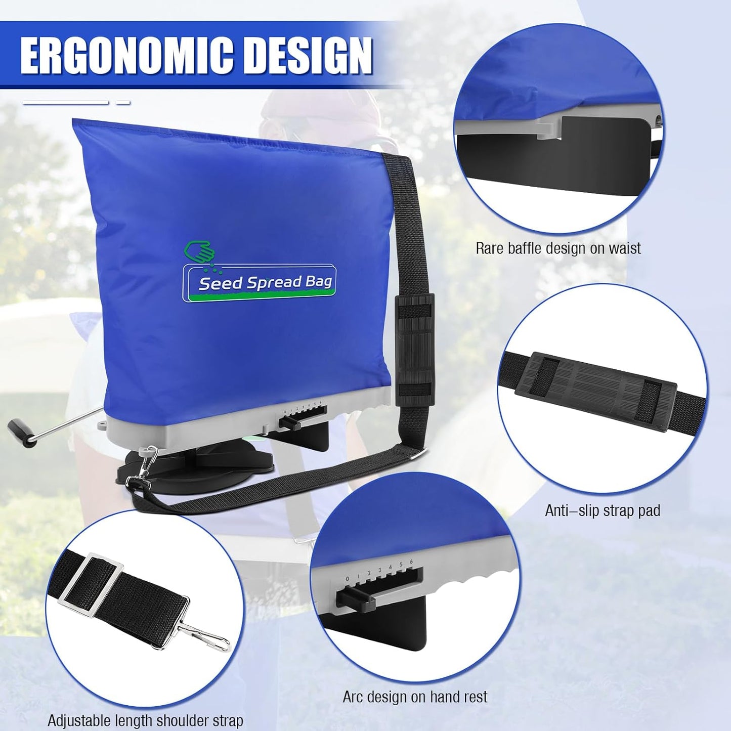 Zipcase 25lb Bag Seed Spreader with Waterproof Bag, Rare Baffle and Accurate Gears, Handheld Grass Seed Spreaders for Lawns, Blue