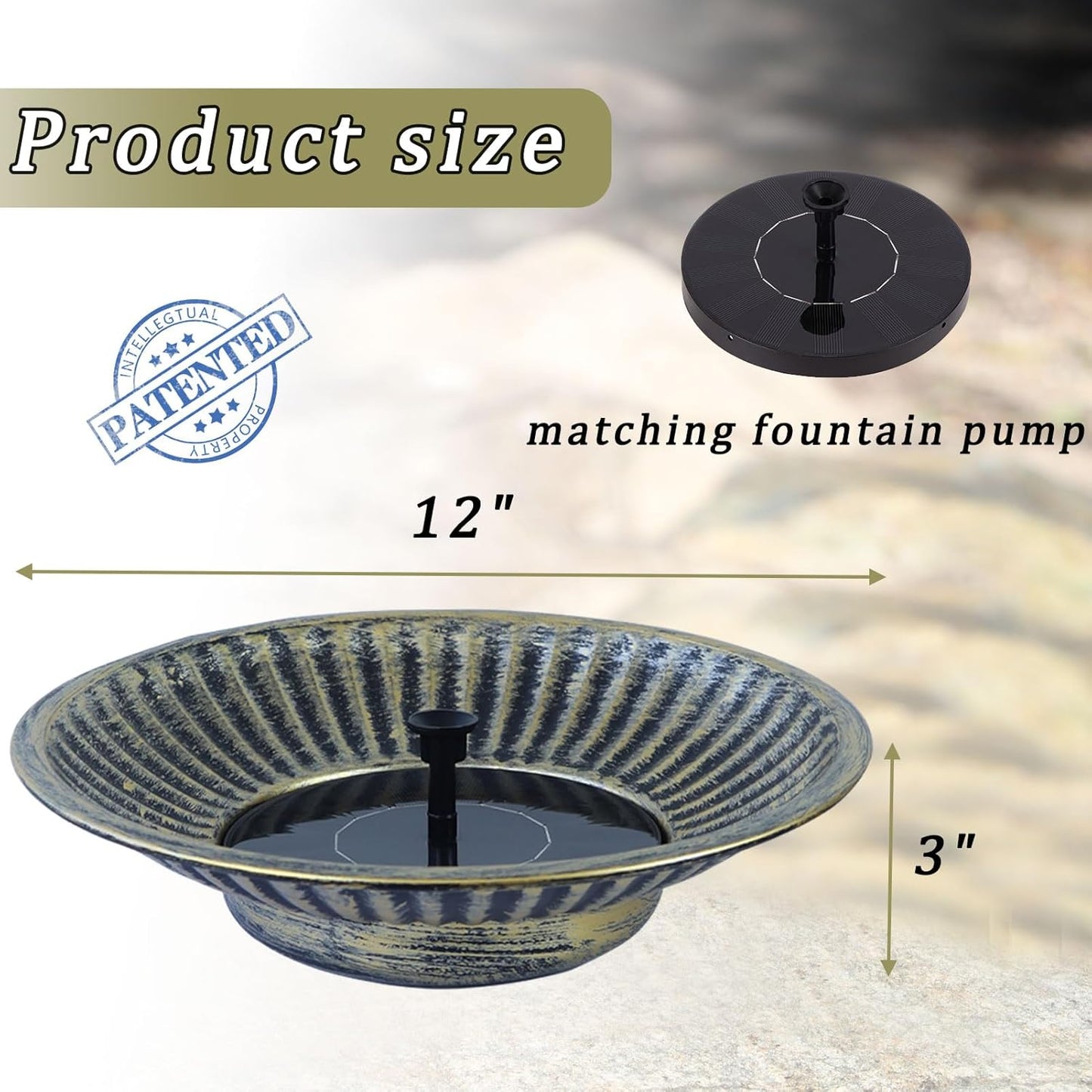 12.3" Solar Fountain Bird Bath for Outside, Metal Solar Bird Bath Fountains, Bird Bath Bubbler for Garden Patio Decor (Gold)