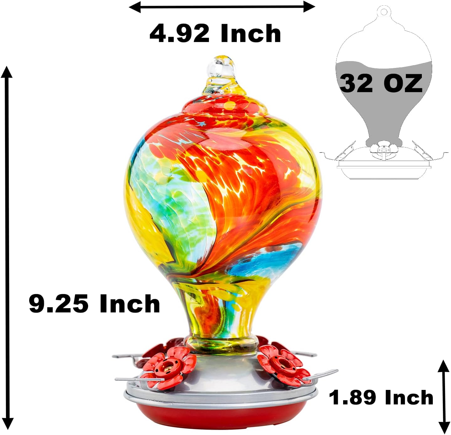Muse Garden 32OZ Hummingbird Feeders Hanging, Blown Glass Hummingbird Feeder, Garden Backyard Decor, Carnival