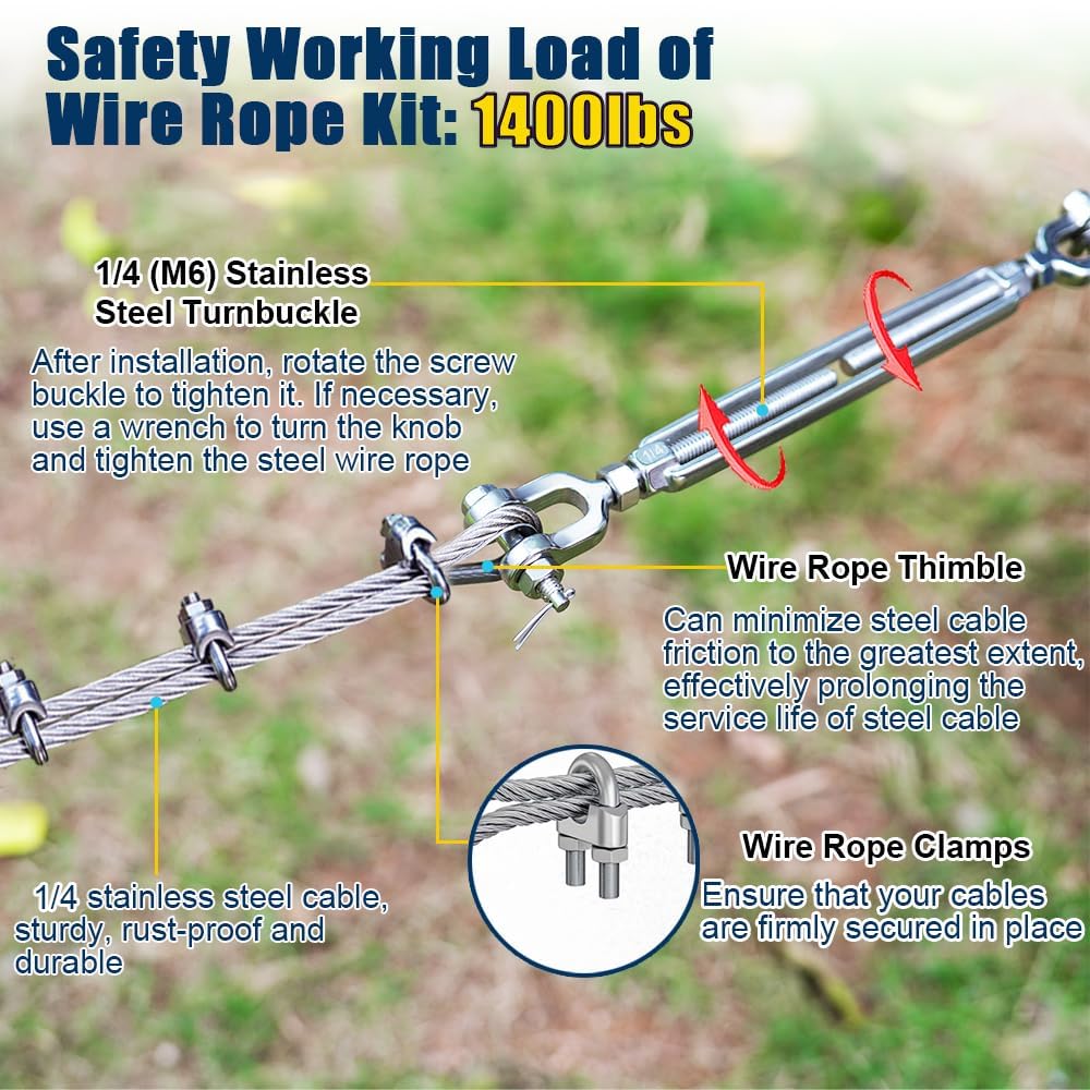 1/4" Wire Rope Kit, 50ft Stainless Steel Cable with 4Pcs 1/4 Turnbuckle, Clamp & Thimble, 7x19 Strands Heavy Duty Metal Cable,1400 lbs Load Limit, Turnbuckles for Cables Wire, Zipline
