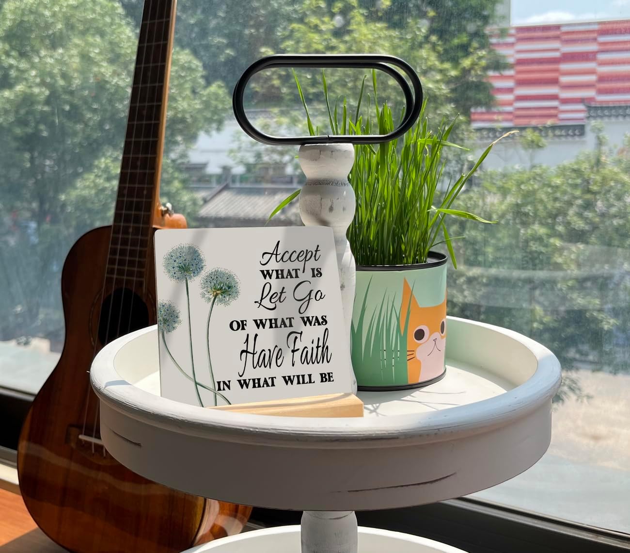 Primitive Wooden Sign, Accept What is Let Go of What Was Have Faith in What Will Be, Desk Plaque with Wooden Stand 4 x 4.3 inches, Inspirational Farmhouse Decor, Home Decor, Mindset Gifts