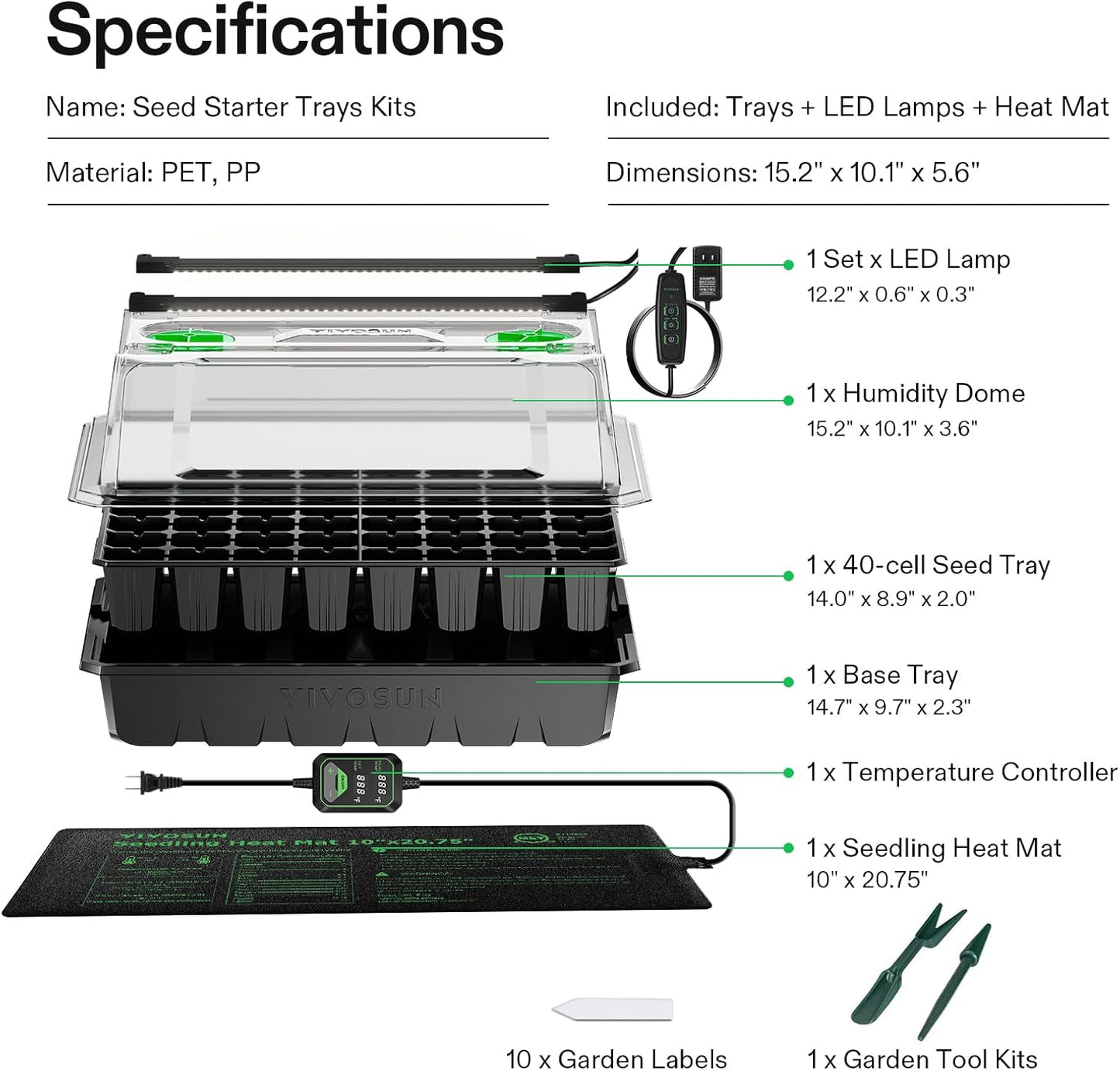 VIVOSUN 1-Pack 40-Cell Seed Starter Trays with 1 Set of LED Lights and 10"x20.75" Seedling Heat Mat, 3.6" Higher Cover, Adjustable Vents, Drainage Holes, Green Propagation Tray for Planting Seeds