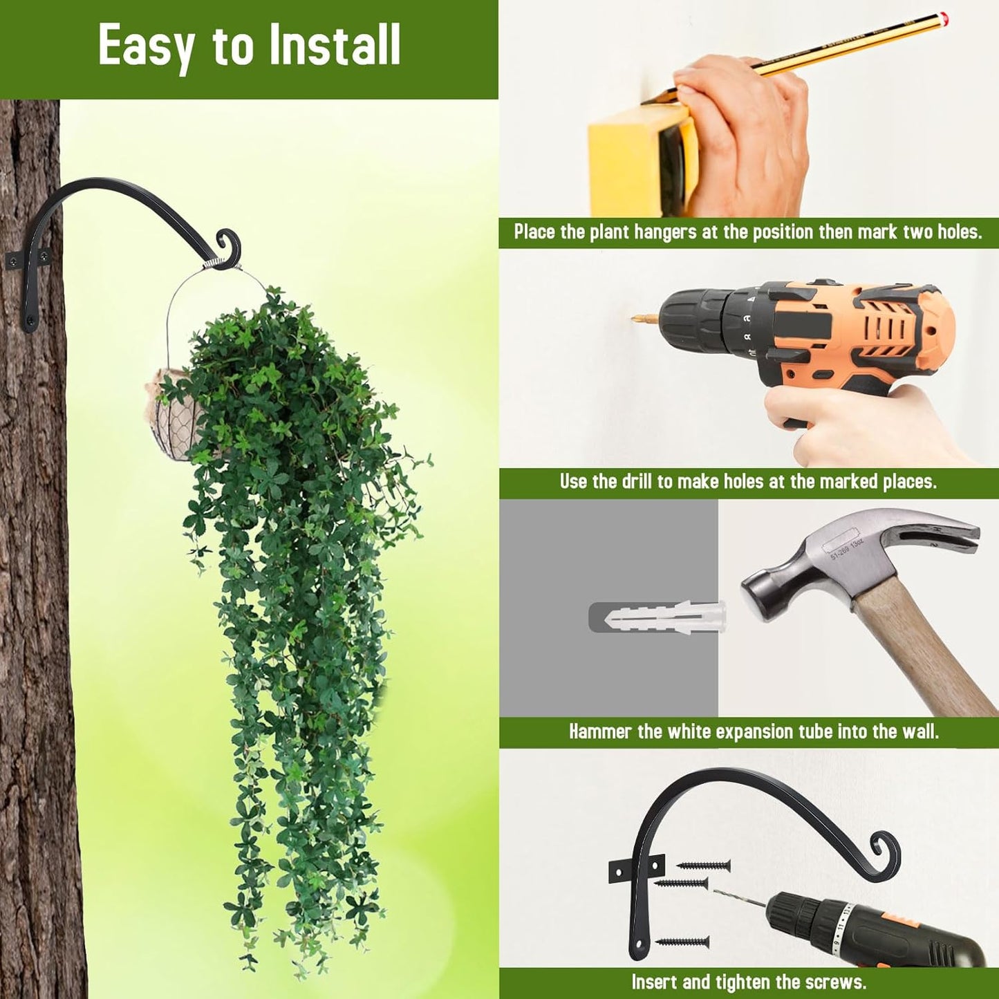 FEED GARDEN 2 Pack 12 Inch Hanging Plant Bracket Wall Hooks Decorative Plant Hangers for Outdoor Hanging Bird Feeders, Wind Chimes, Plant Baskets, Black