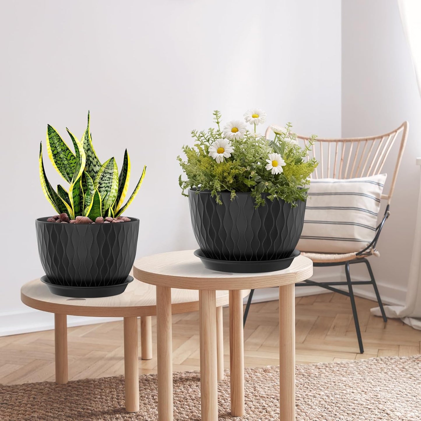 Plant Pots 12/10/9 Inch Pots, Set of 3 Plastic Planters with Drainage Holes and Saucers,Plastic Flower Pots,Nursery Planting Pot for Indoor Out Door Plants(Black)
